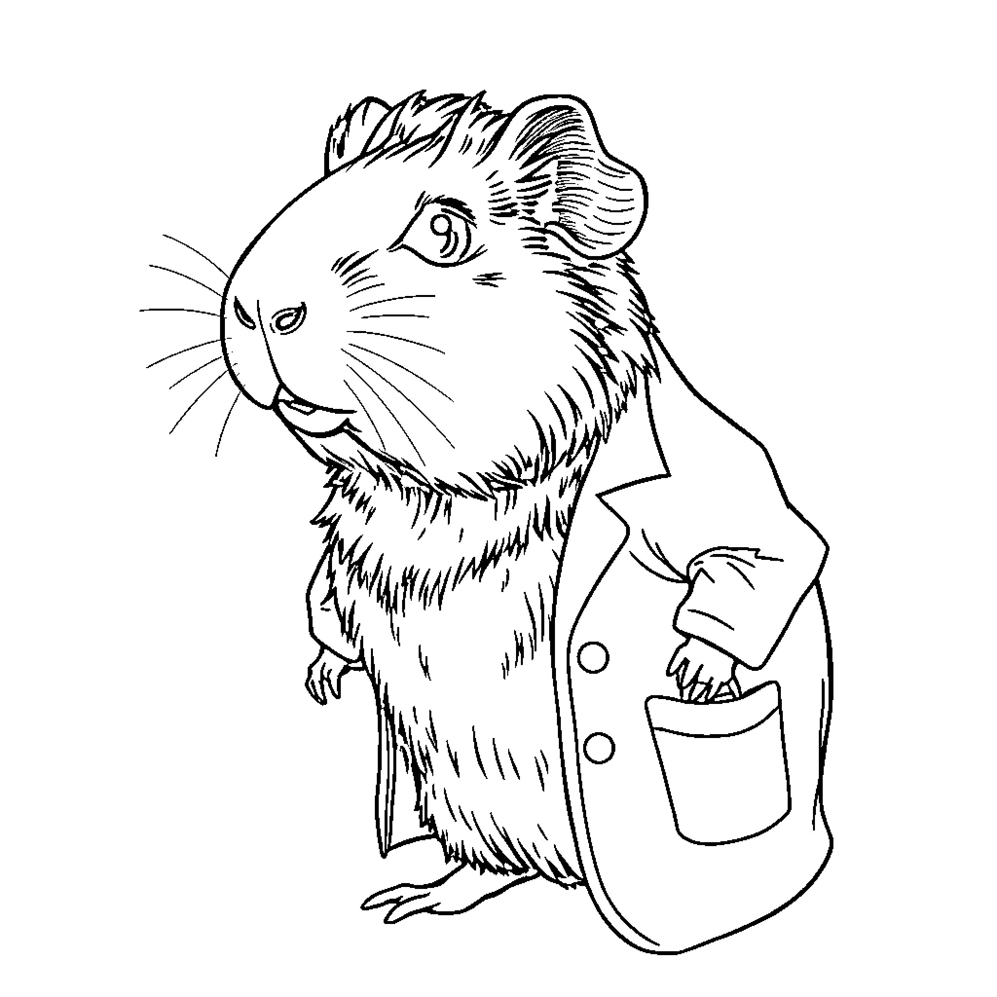 Guinea Pig dressed in Suit Carrying Briefcase Coloring Page (free black-and-white line drawing printable PDF for all, from beginners to advanced learners, including children, teens, adults, and seniors)