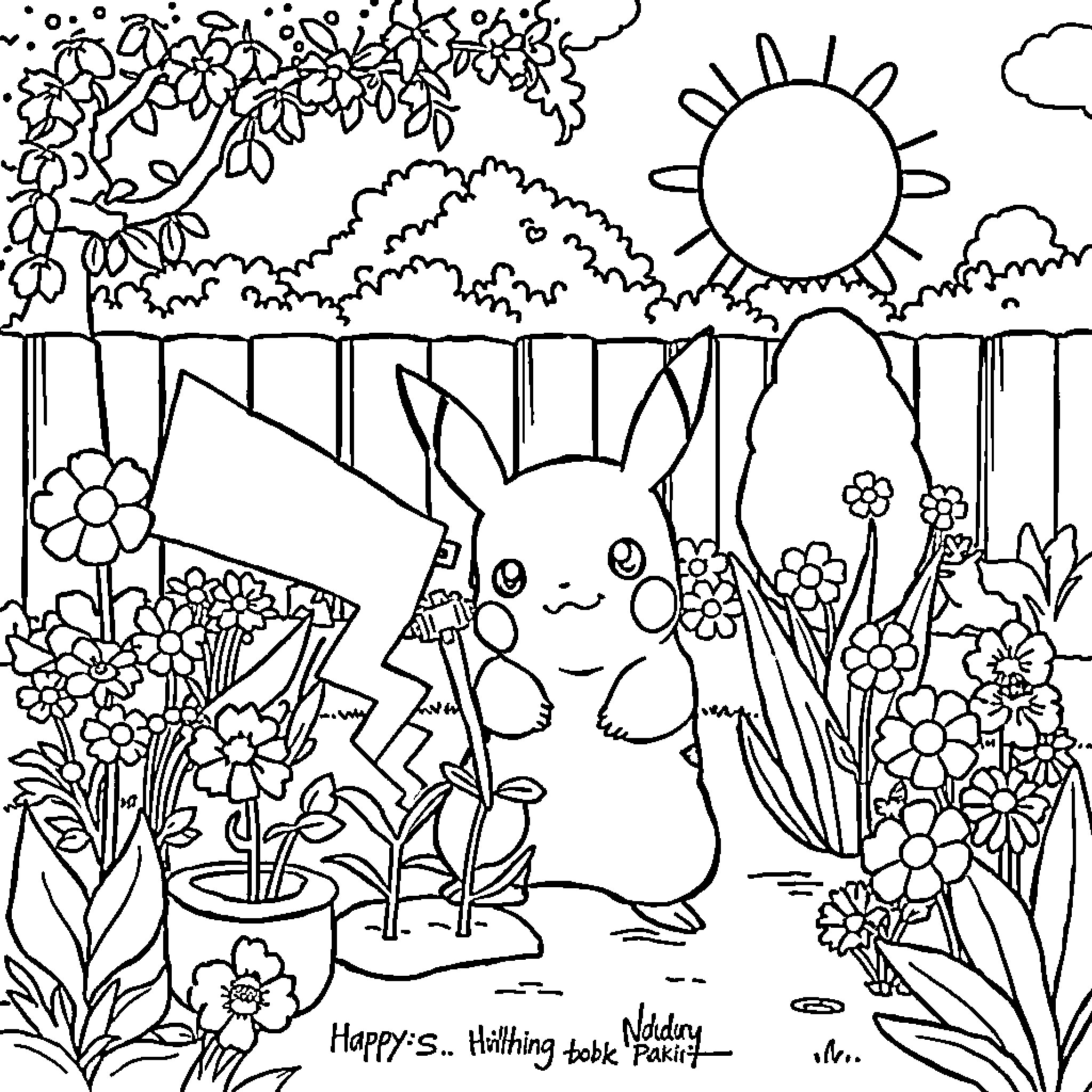 Pikachu enjoying a sunny day in a garden Coloring Page (free black-and-white line drawing printable PDF for all, from beginners to advanced learners, including children, teens, adults, and seniors)