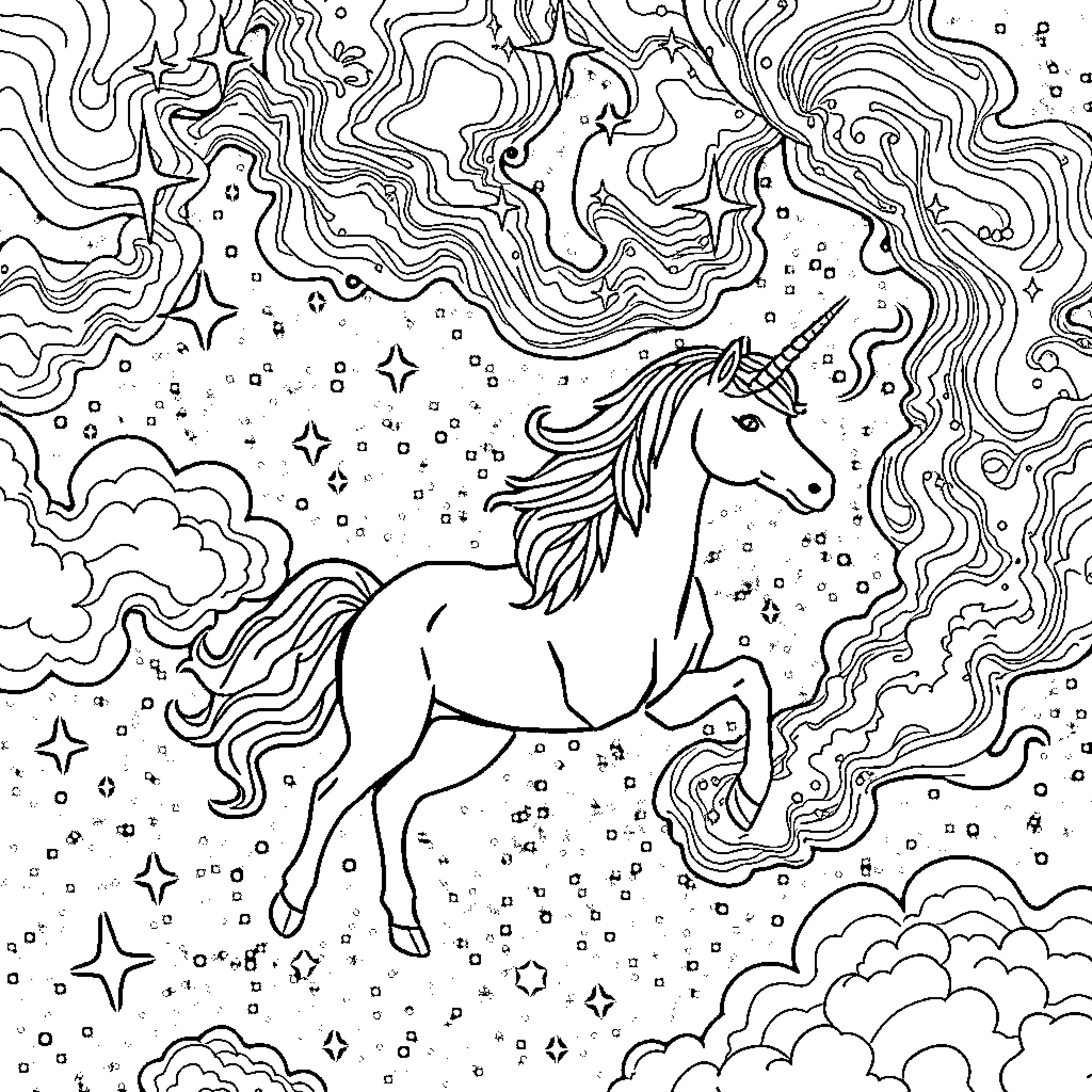 Unicorn Galloping Through Starry Skies Coloring Page (free black-and-white line drawing printable PDF for all, from beginners to advanced learners, including children, teens, adults, and seniors)