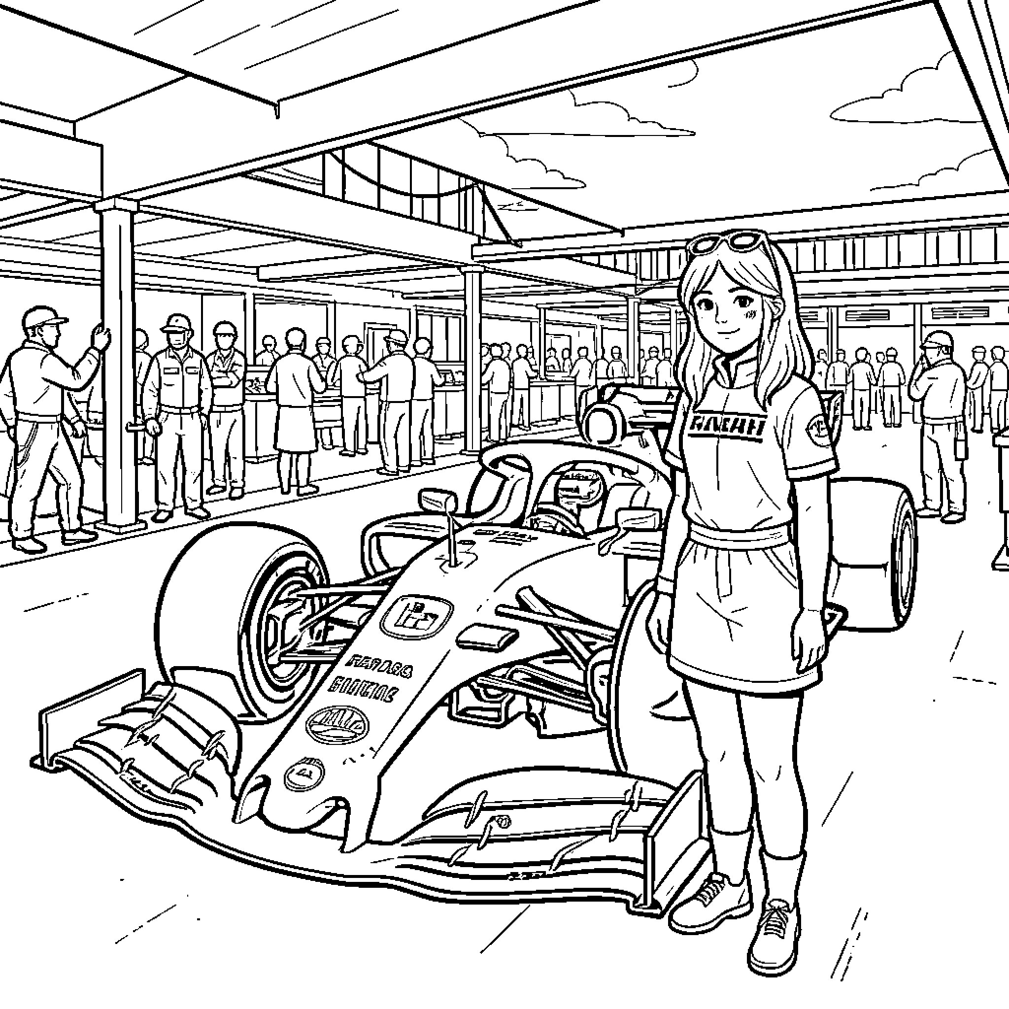 Formula 1 Girl standing confidently next to a racing car Coloring Page (free black-and-white line drawing printable PDF for all, from beginners to advanced learners, including children, teens, adults, and seniors)
