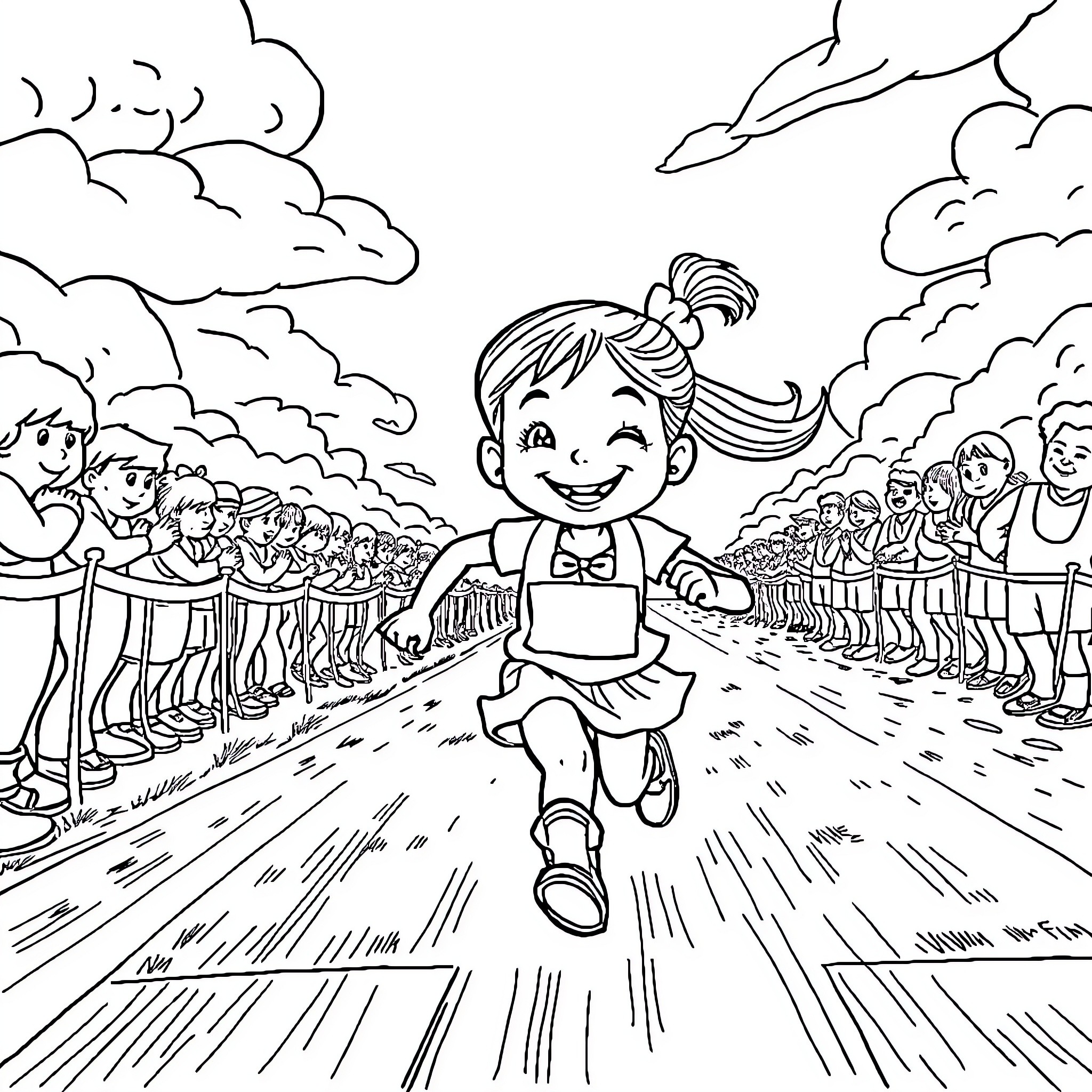 Girl running happily on the parade route Coloring Page (free black-and-white line drawing printable PDF for all, from beginners to advanced learners, including children, teens, adults, and seniors)