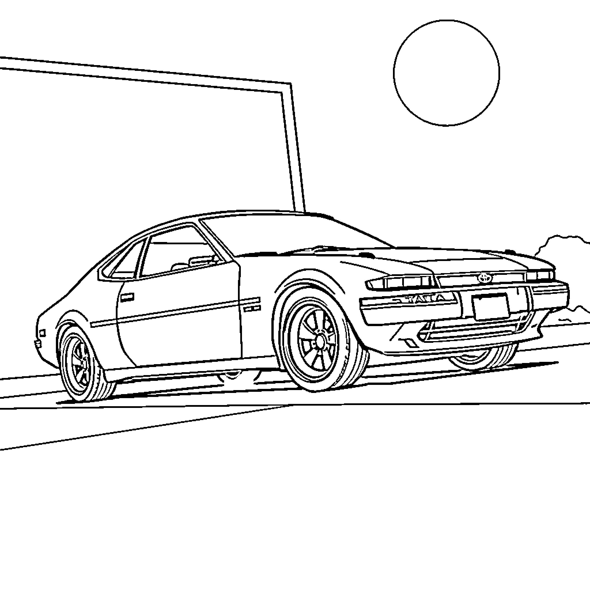 Toyota sports car on the road Coloring Page (free black-and-white line drawing printable PDF for all, from beginners to advanced learners, including children, teens, adults, and seniors)