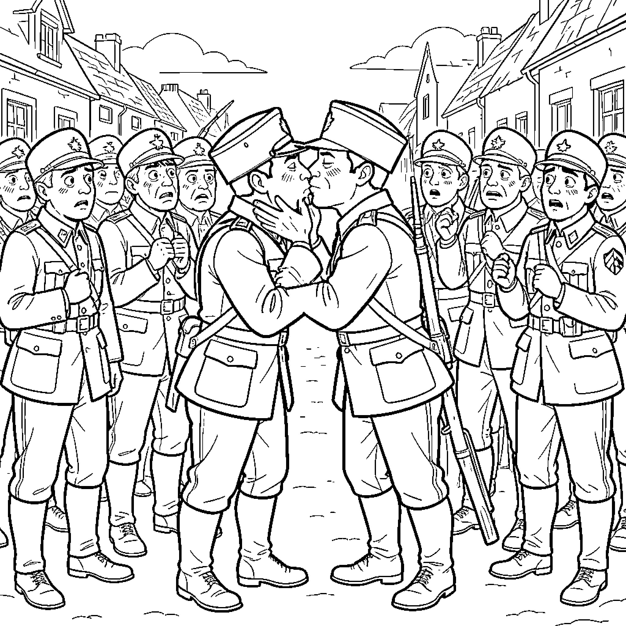 Soldier giving orders to troops in wartime Coloring Page (free black-and-white line drawing printable PDF for all, from beginners to advanced learners, including children, teens, adults, and seniors)