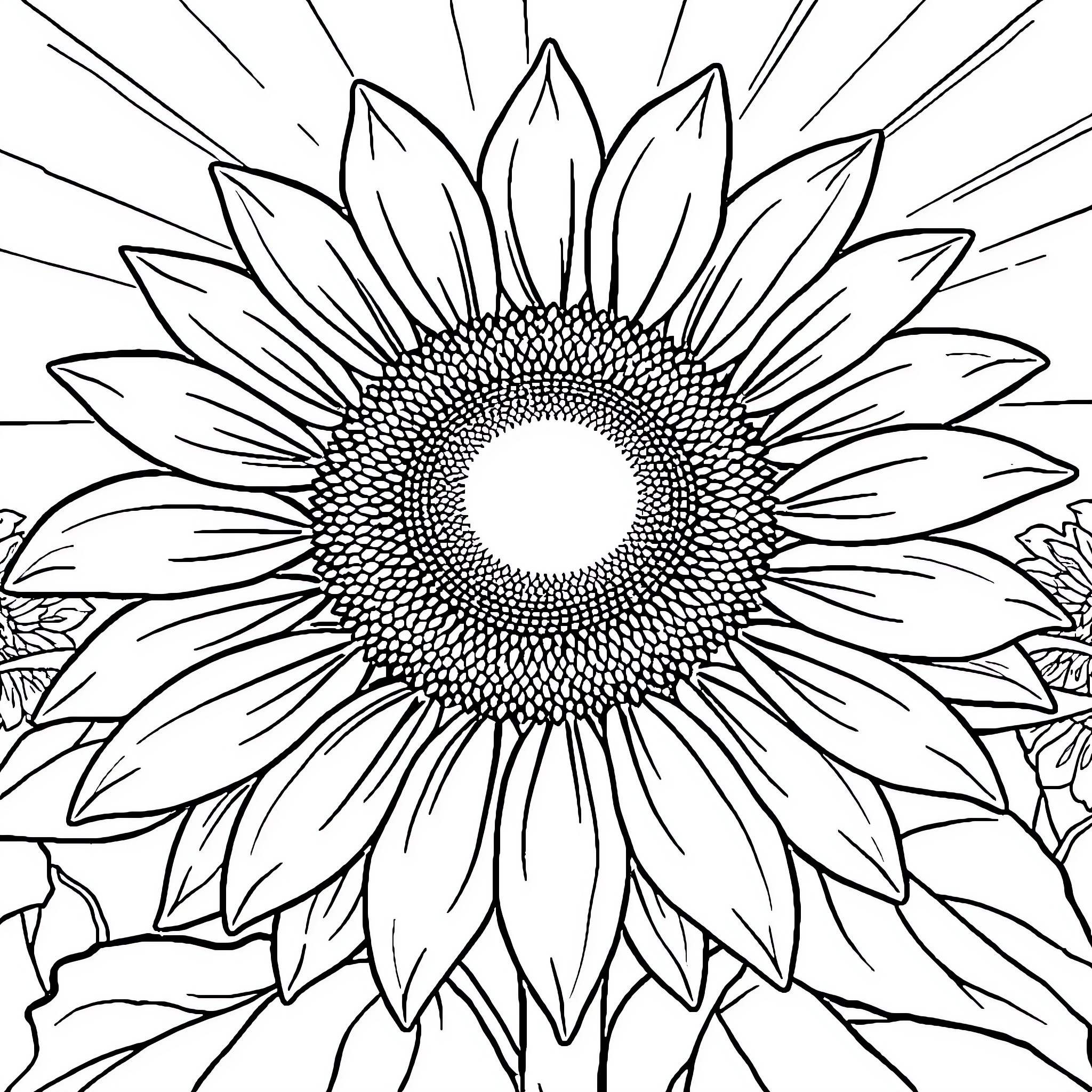 Sunflower in full bloom Coloring Page (free black-and-white line drawing printable PDF for all, from beginners to advanced learners, including children, teens, adults, and seniors)