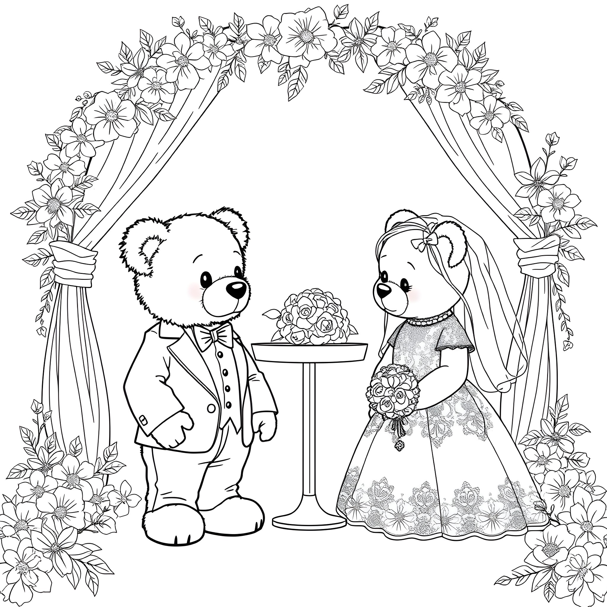 Teddy bears celebrating their wedding day Coloring Page (free black-and-white line drawing printable PDF for all, from beginners to advanced learners, including children, teens, adults, and seniors)