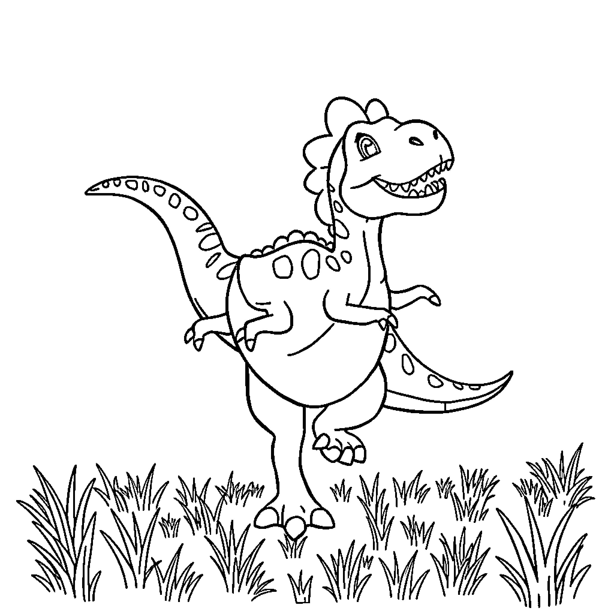 Dinosaur in the grass playing happily Coloring Page (free black-and-white line drawing printable PDF for all, from beginners to advanced learners, including children, teens, adults, and seniors)