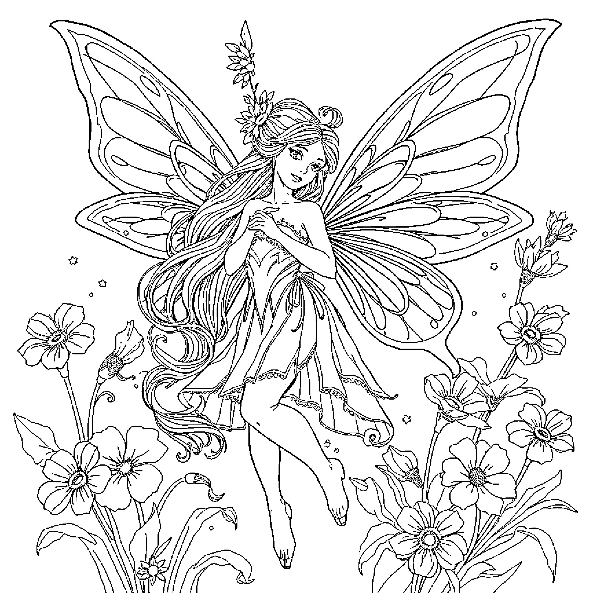 Fairy dancing gracefully amidst blooming flowers Coloring Page (free black-and-white line drawing printable PDF for all, from beginners to advanced learners, including children, teens, adults, and seniors)