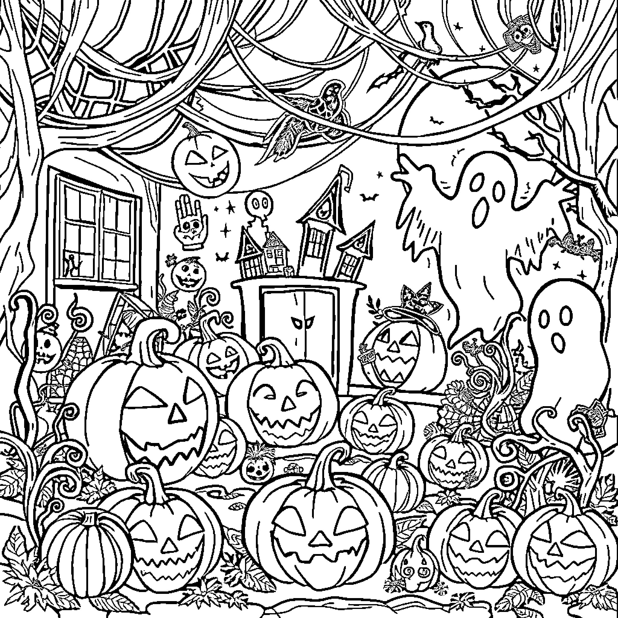 Halloween Celebration with Carved Pumpkins and Spooky Decorations Coloring Page (free black-and-white line drawing printable PDF for all, from beginners to advanced learners, including children, teens, adults, and seniors)