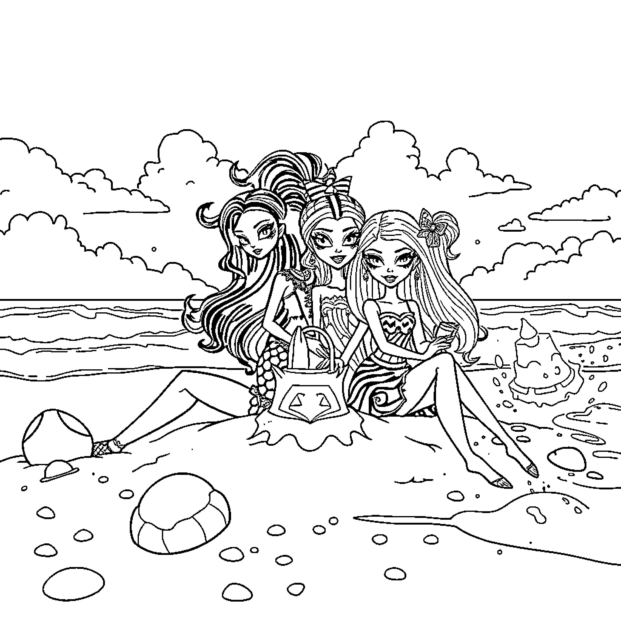 Monster Girls Enjoying Beachside Adventure Coloring Page (free black-and-white line drawing printable PDF for all, from beginners to advanced learners, including children, teens, adults, and seniors)