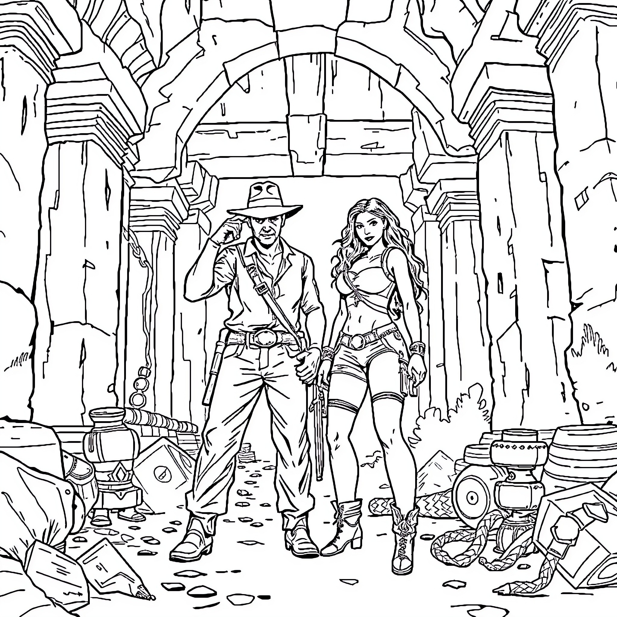 Indiana Jones adventuring with female companion in ancient ruins Coloring Page (free black-and-white line drawing printable PDF for all, from beginners to advanced learners, including children, teens, adults, and seniors)