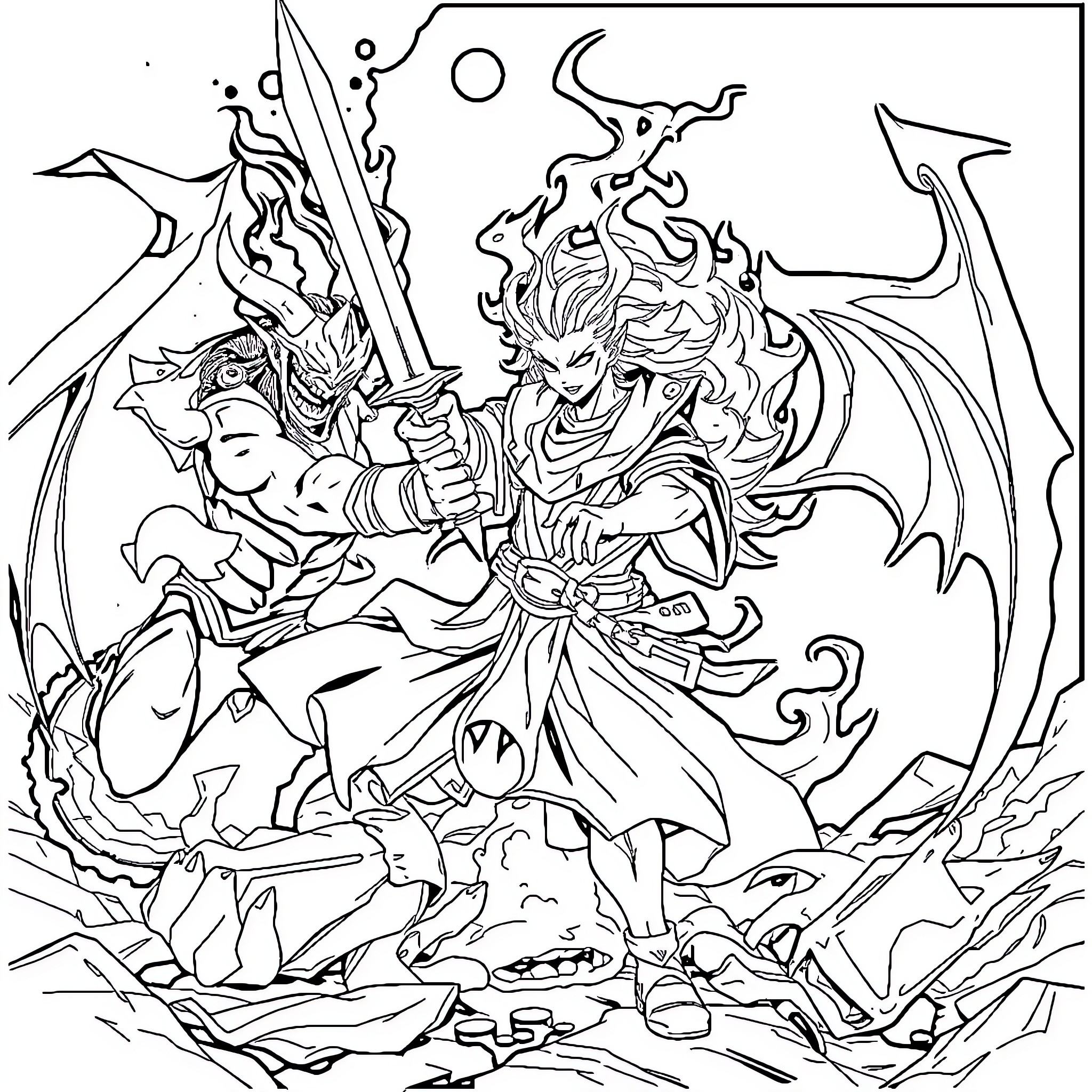 Demon Slayer Fighting with Intense Expression Coloring Page (free black-and-white line drawing printable PDF for all, from beginners to advanced learners, including children, teens, adults, and seniors)