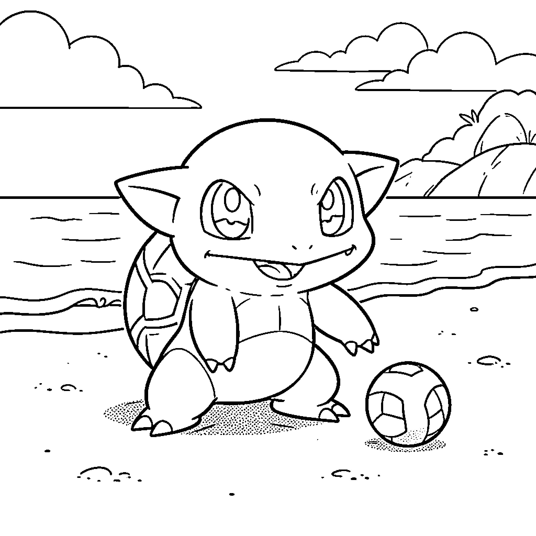 Squirtle playing with a ball on the beach Coloring Page (free black-and-white line drawing printable PDF for all, from beginners to advanced learners, including children, teens, adults, and seniors)