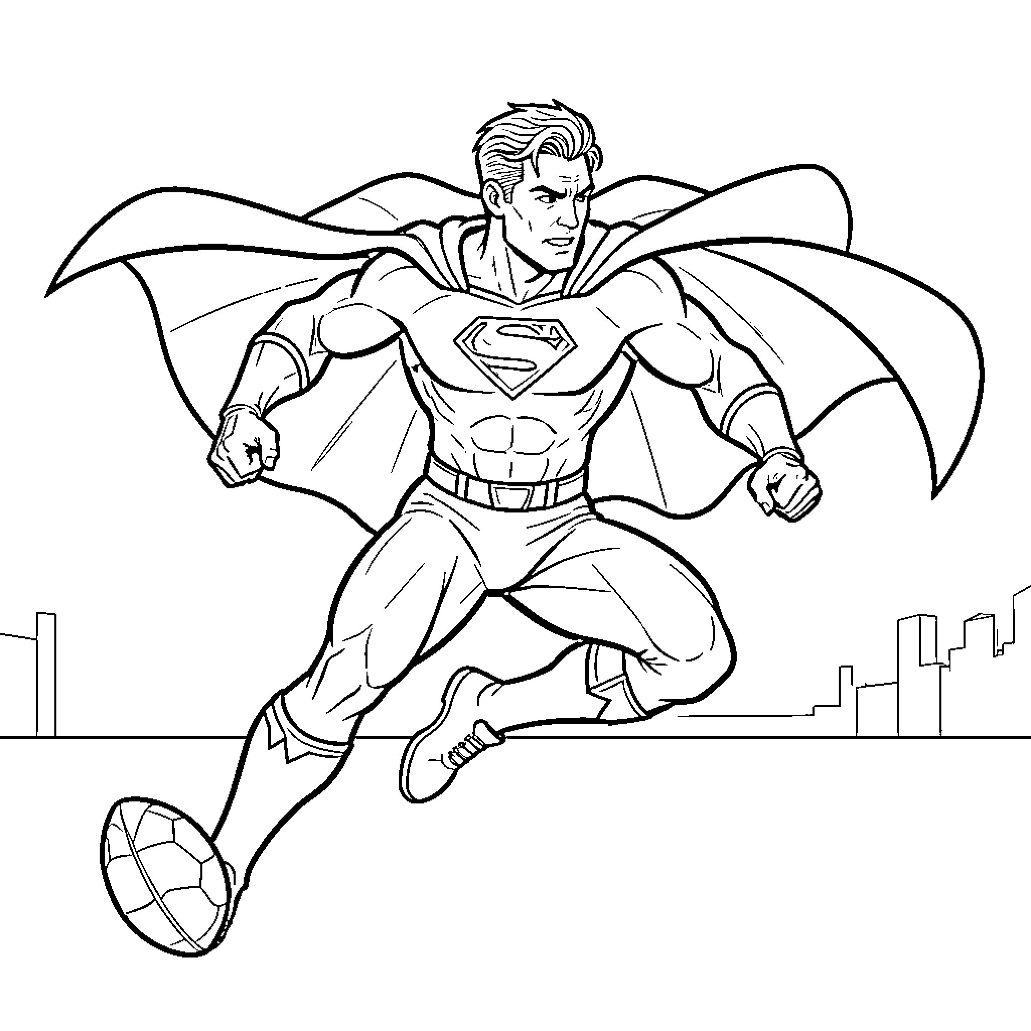 Superman flying heroically over a city skyline Coloring Page (free black-and-white line drawing printable PDF for all, from beginners to advanced learners, including children, teens, adults, and seniors)