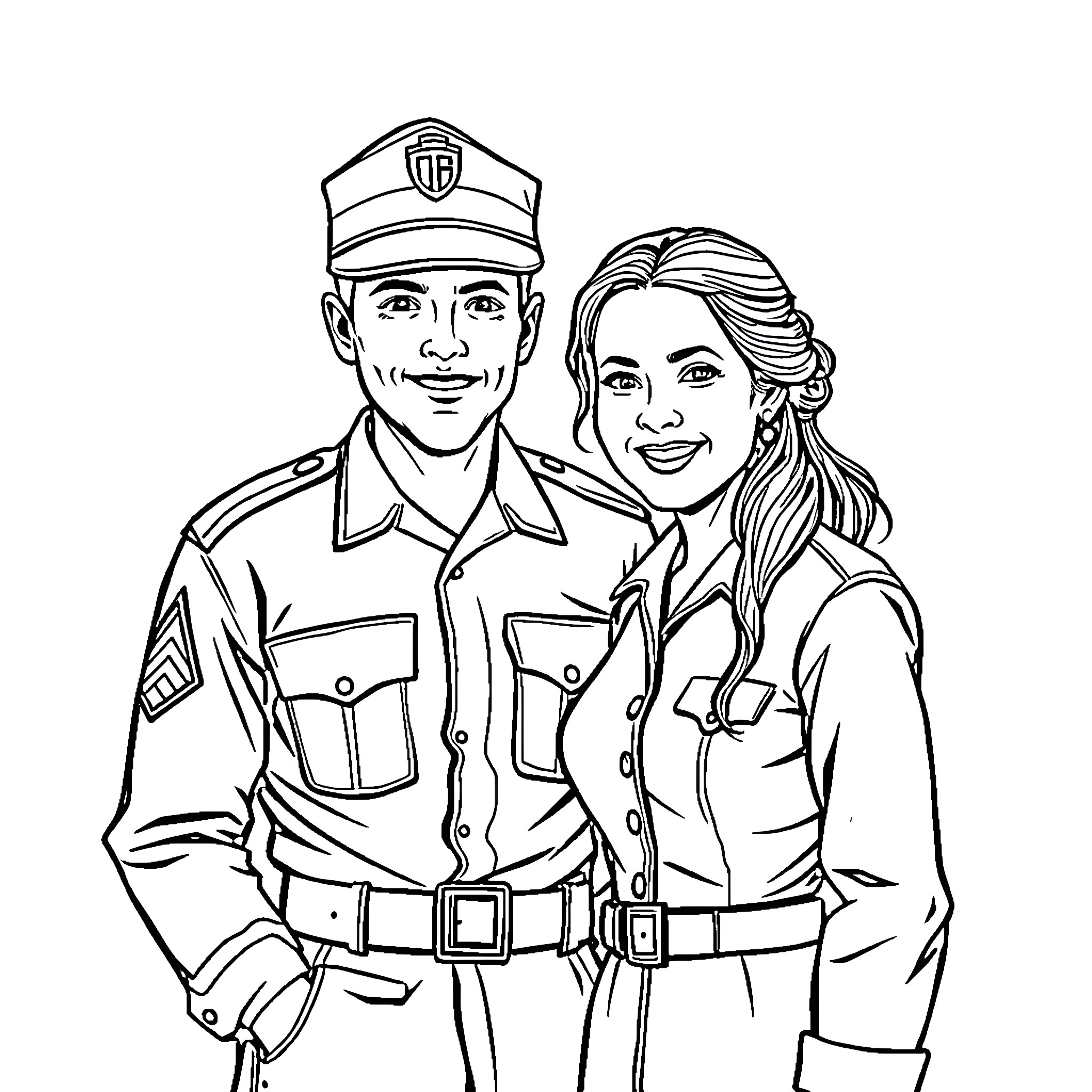 Army Man and Woman in Uniform Coloring Page (free black-and-white line drawing printable PDF for all, from beginners to advanced learners, including children, teens, adults, and seniors)