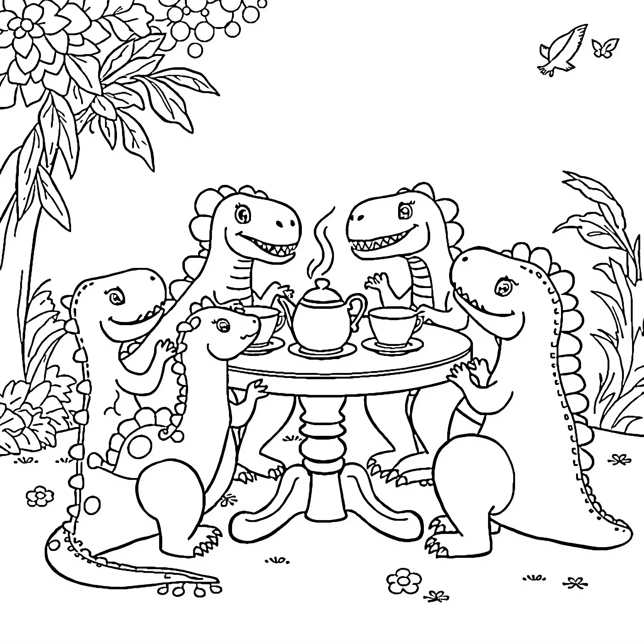 Dinosaurs having a tea party in nature Coloring Page (free black-and-white line drawing printable PDF for all, from beginners to advanced learners, including children, teens, adults, and seniors)