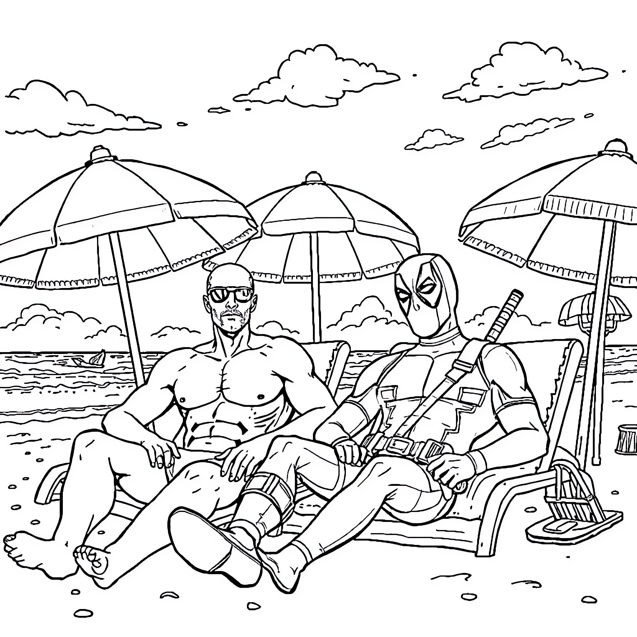 Sandman relaxes with friend on the beach Coloring Page (free black-and-white line drawing printable PDF for all, from beginners to advanced learners, including children, teens, adults, and seniors)