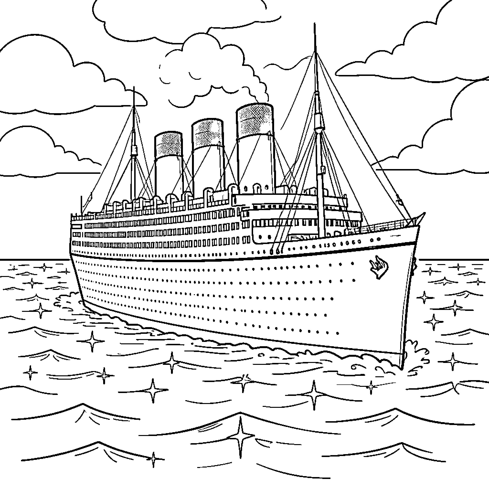 Titanic - Majestic Steamship on the Open Sea Coloring Page (free black-and-white line drawing printable PDF for all, from beginners to advanced learners, including children, teens, adults, and seniors)