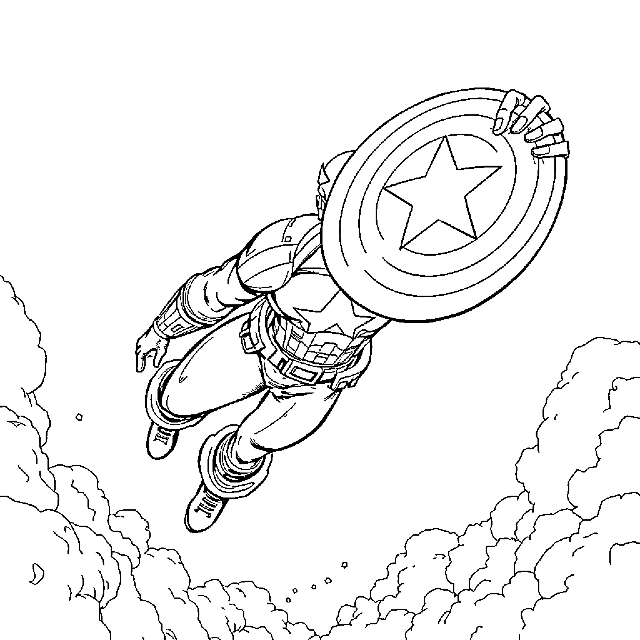 Captain America soaring through clouds with shield Coloring Page (free black-and-white line drawing printable PDF for all, from beginners to advanced learners, including children, teens, adults, and seniors)