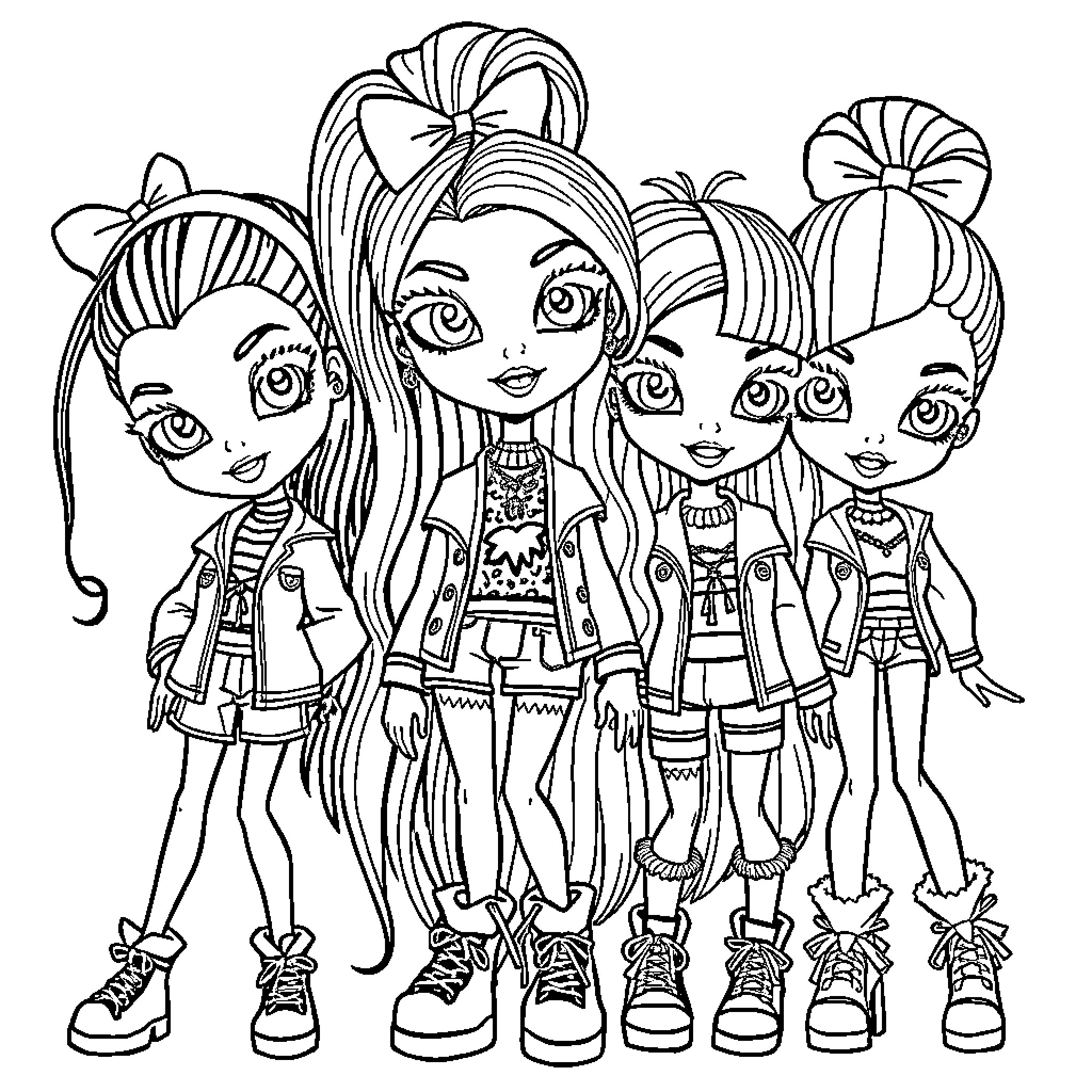 Bratz dolls posing together in fashionable outfits Coloring Page (free black-and-white line drawing printable PDF for all, from beginners to advanced learners, including children, teens, adults, and seniors)
