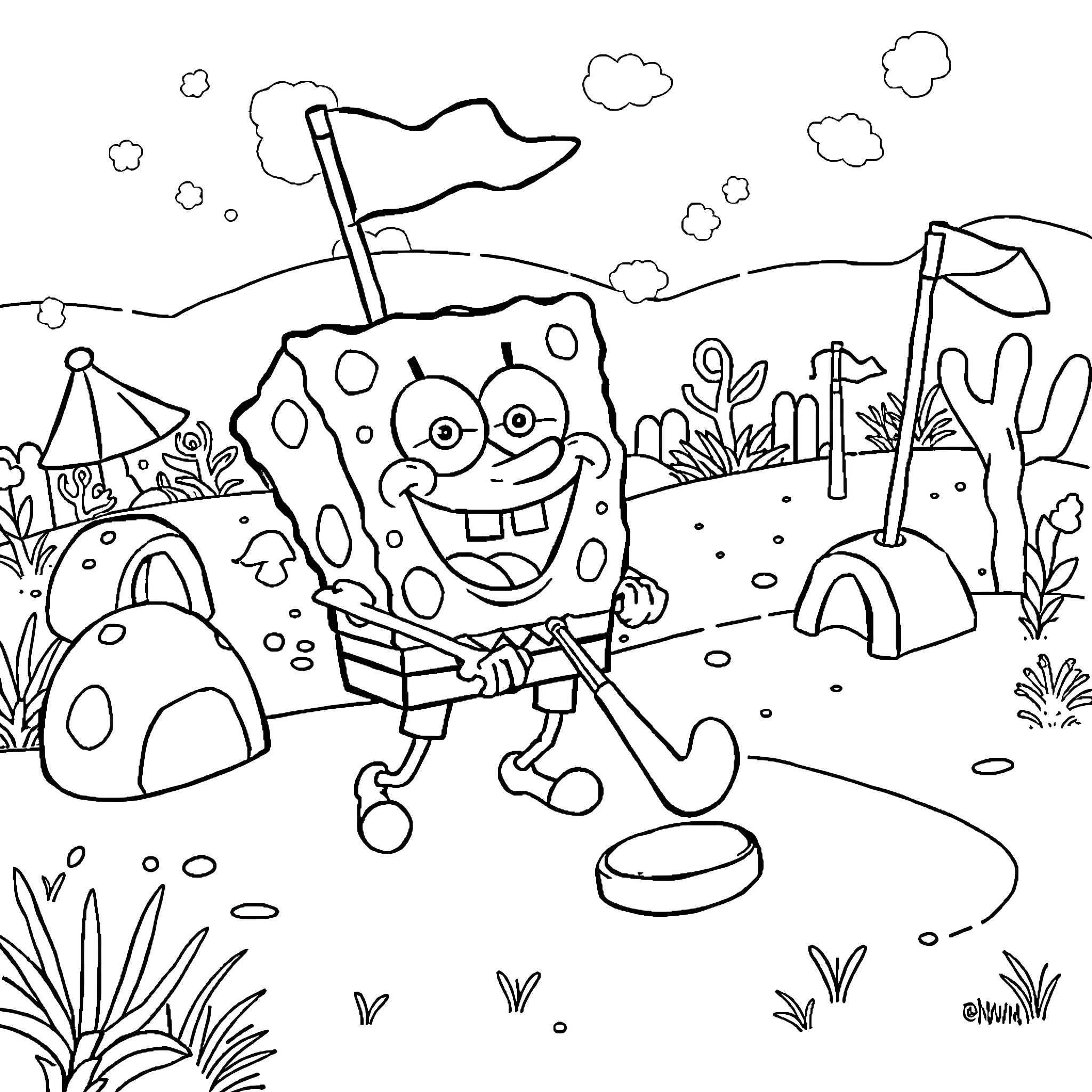 Spongebob playing golf on the beach Coloring Page (free black-and-white line drawing printable PDF for all, from beginners to advanced learners, including children, teens, adults, and seniors)