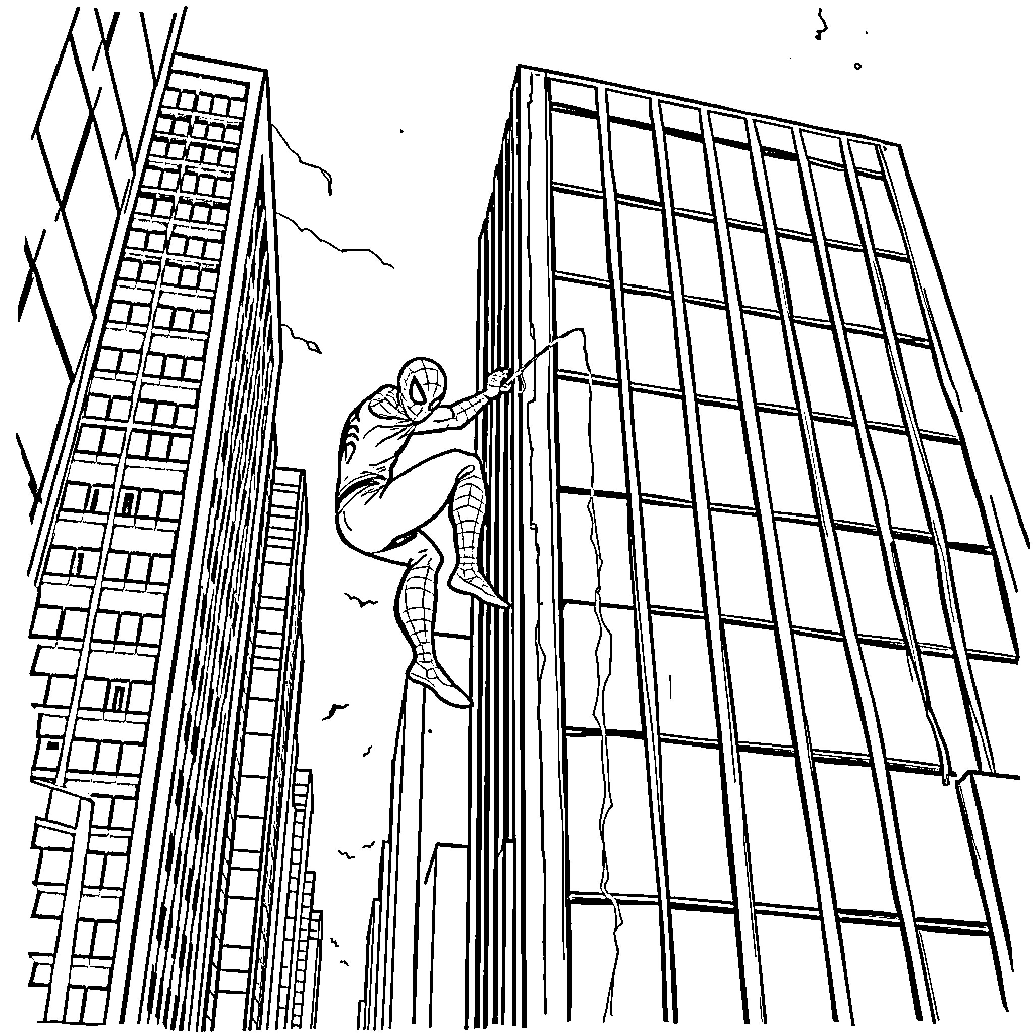 Spiderman scaling a towering glass skyscraper Coloring Page (free black-and-white line drawing printable PDF for all, from beginners to advanced learners, including children, teens, adults, and seniors)
