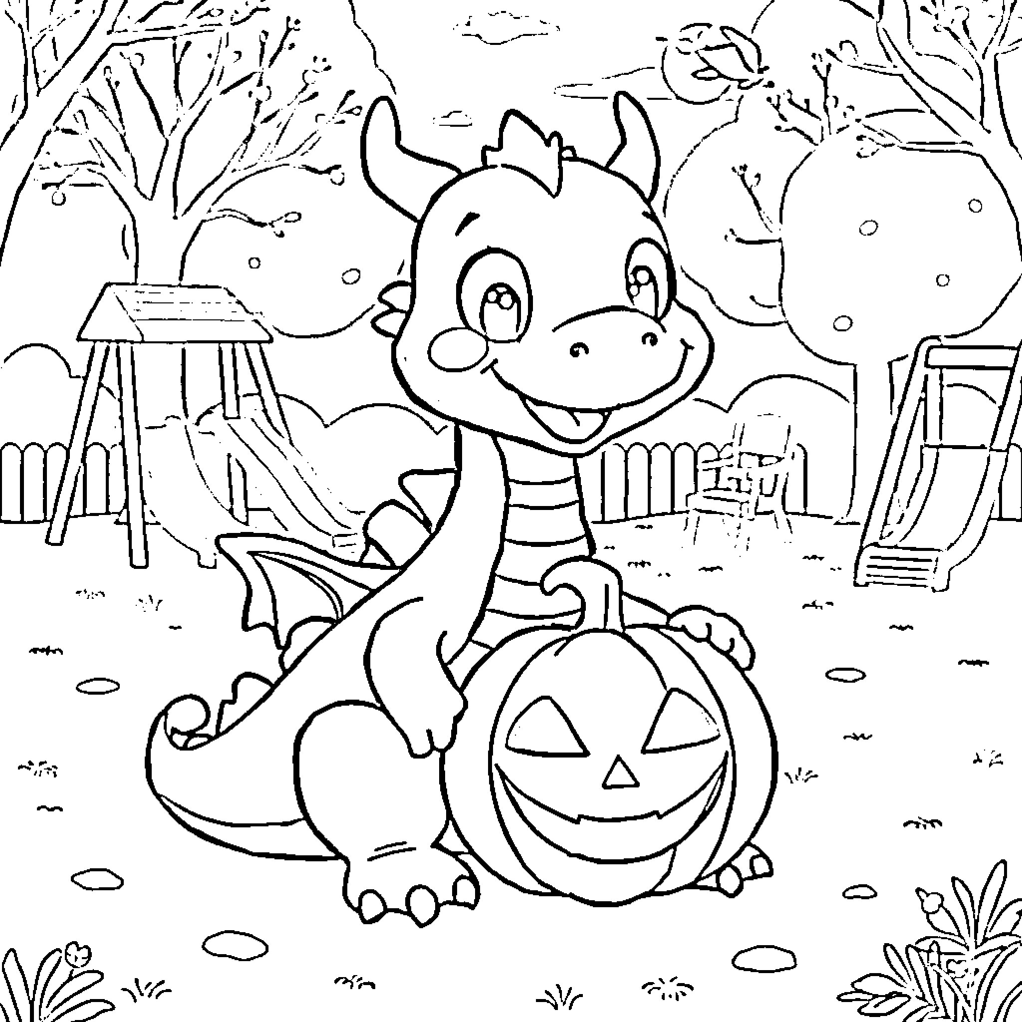 Dragon with pumpkin in autumn landscape Coloring Page (free black-and-white line drawing printable PDF for all, from beginners to advanced learners, including children, teens, adults, and seniors)
