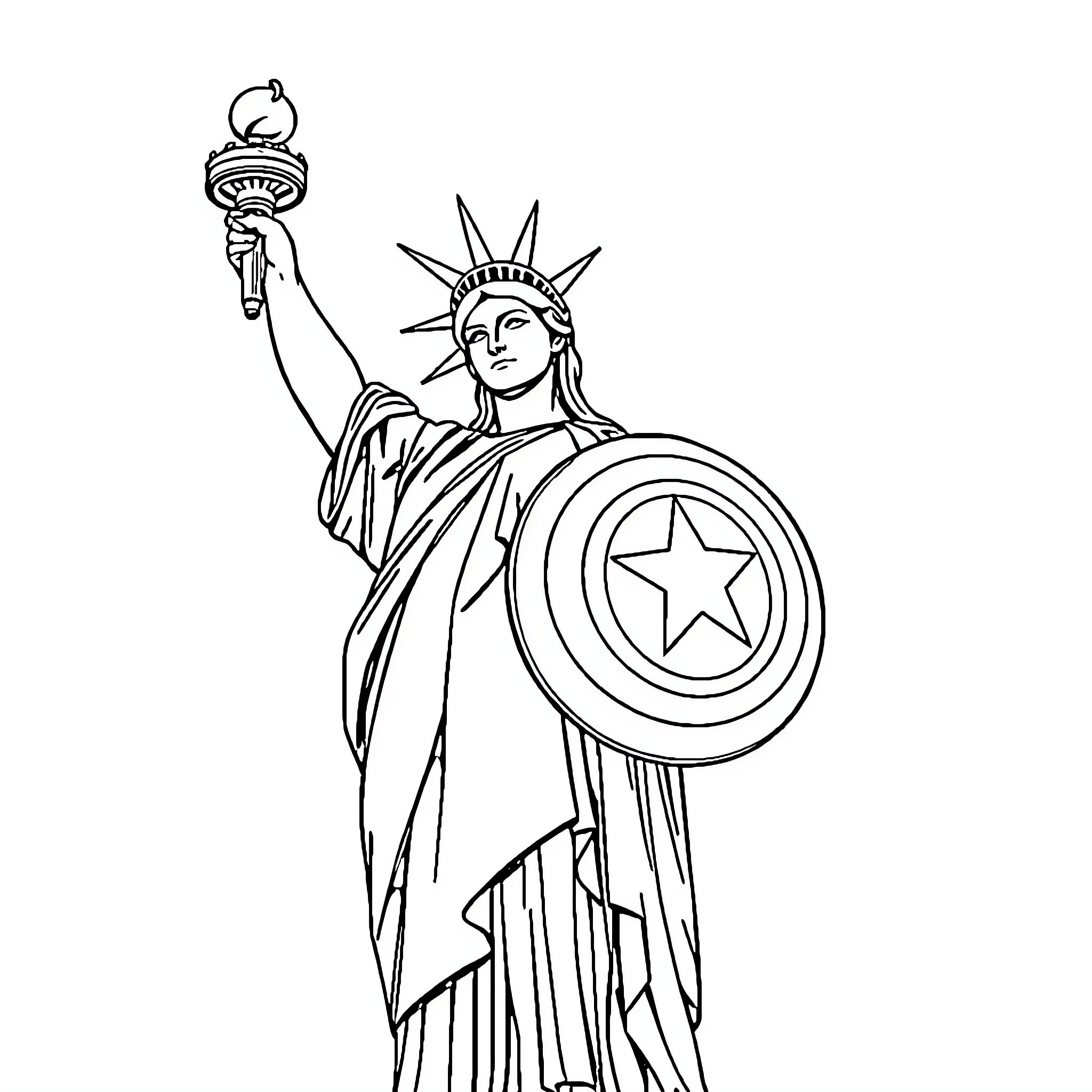 Statue Of Liberty holding a torch and shield Coloring Page (free black-and-white line drawing printable PDF for all, from beginners to advanced learners, including children, teens, adults, and seniors)