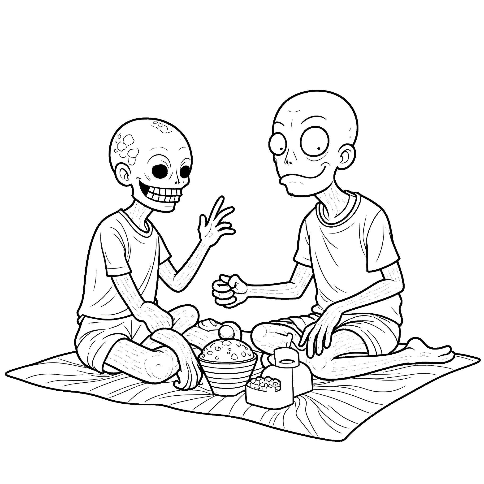 Zombie friends enjoying a picnic together Coloring Page (free black-and-white line drawing printable PDF for all, from beginners to advanced learners, including children, teens, adults, and seniors)