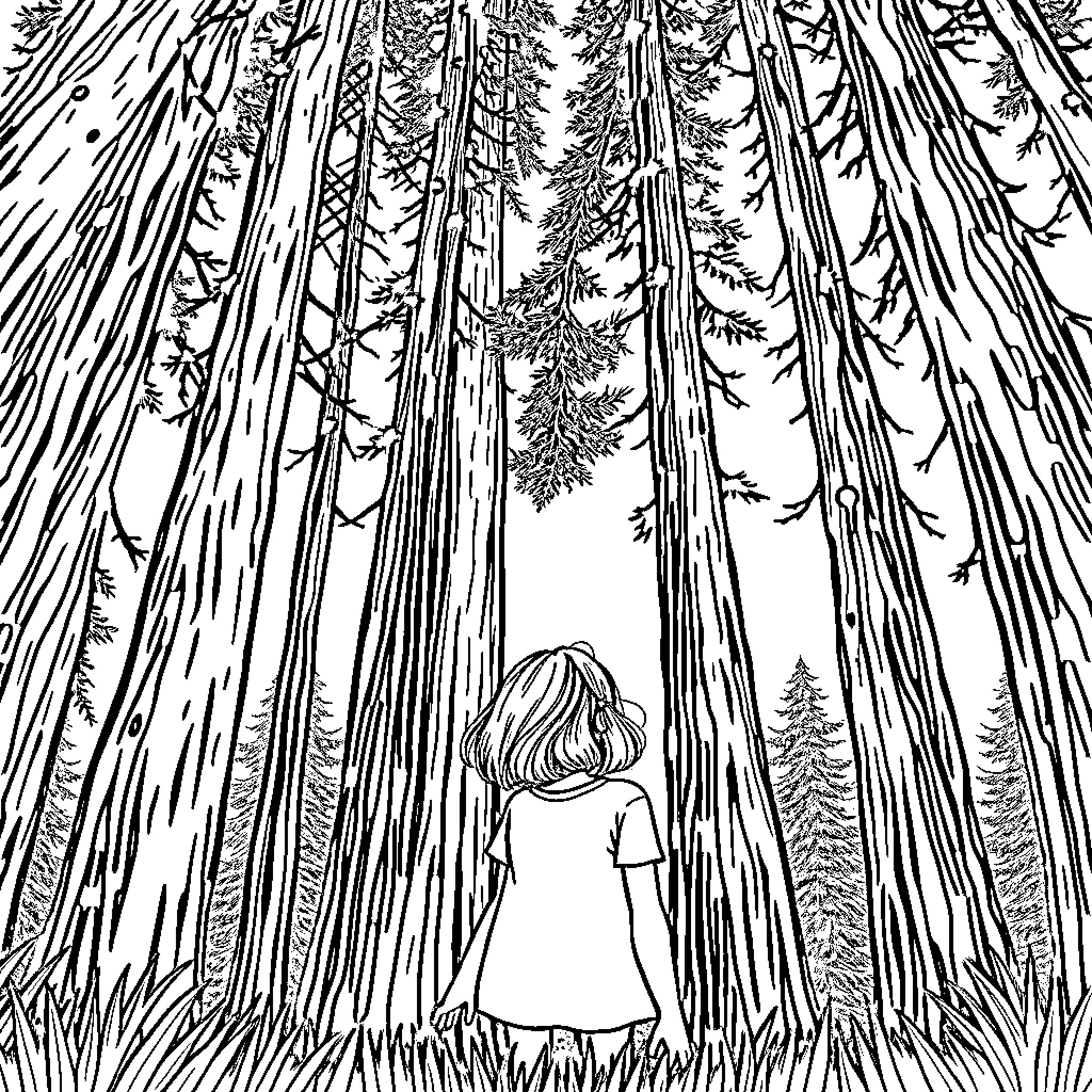 Girl exploring enchanted forest Coloring Page (free black-and-white line drawing printable PDF for all, from beginners to advanced learners, including children, teens, adults, and seniors)