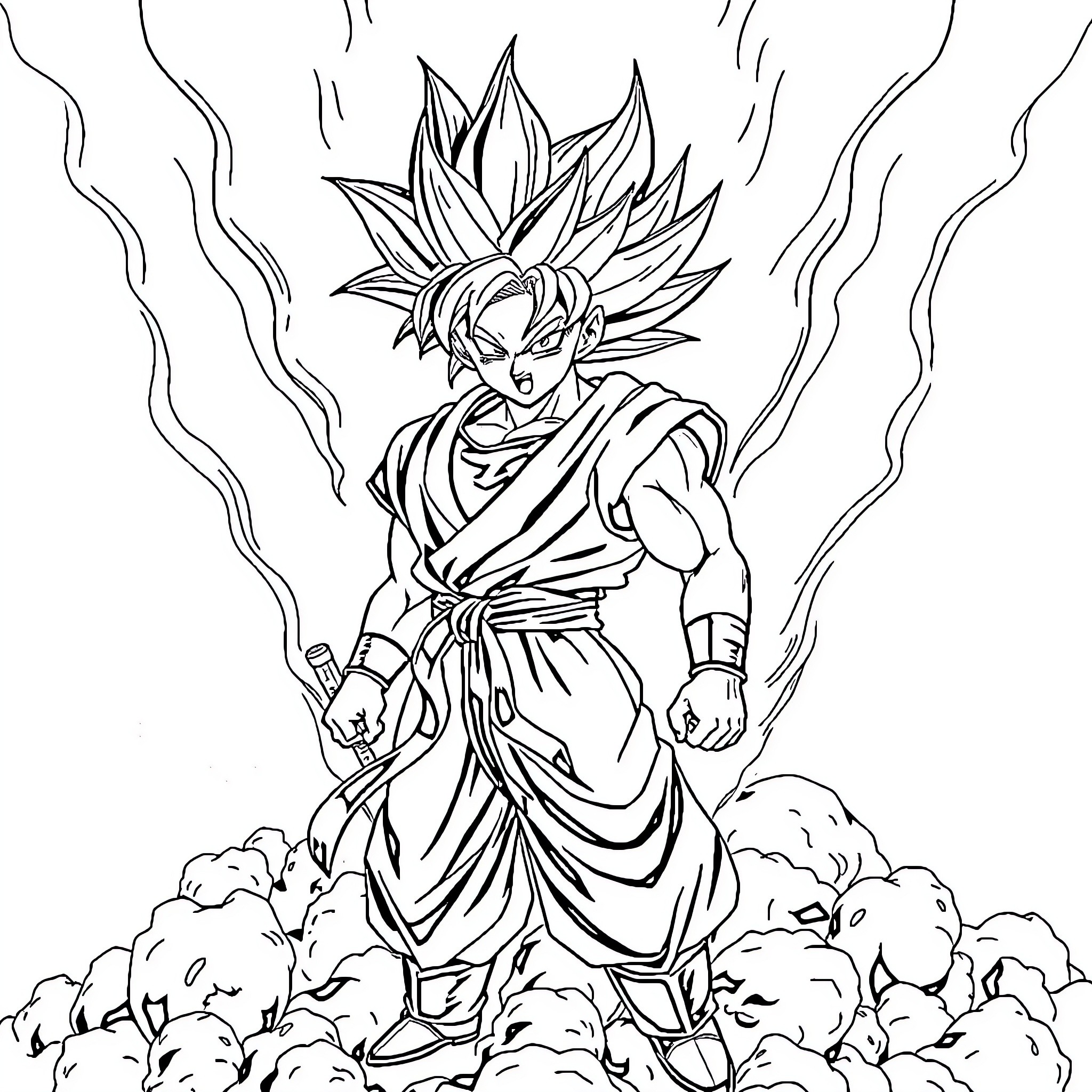 Goku unleashing powerful energy attack Coloring Page (free black-and-white line drawing printable PDF for all, from beginners to advanced learners, including children, teens, adults, and seniors)