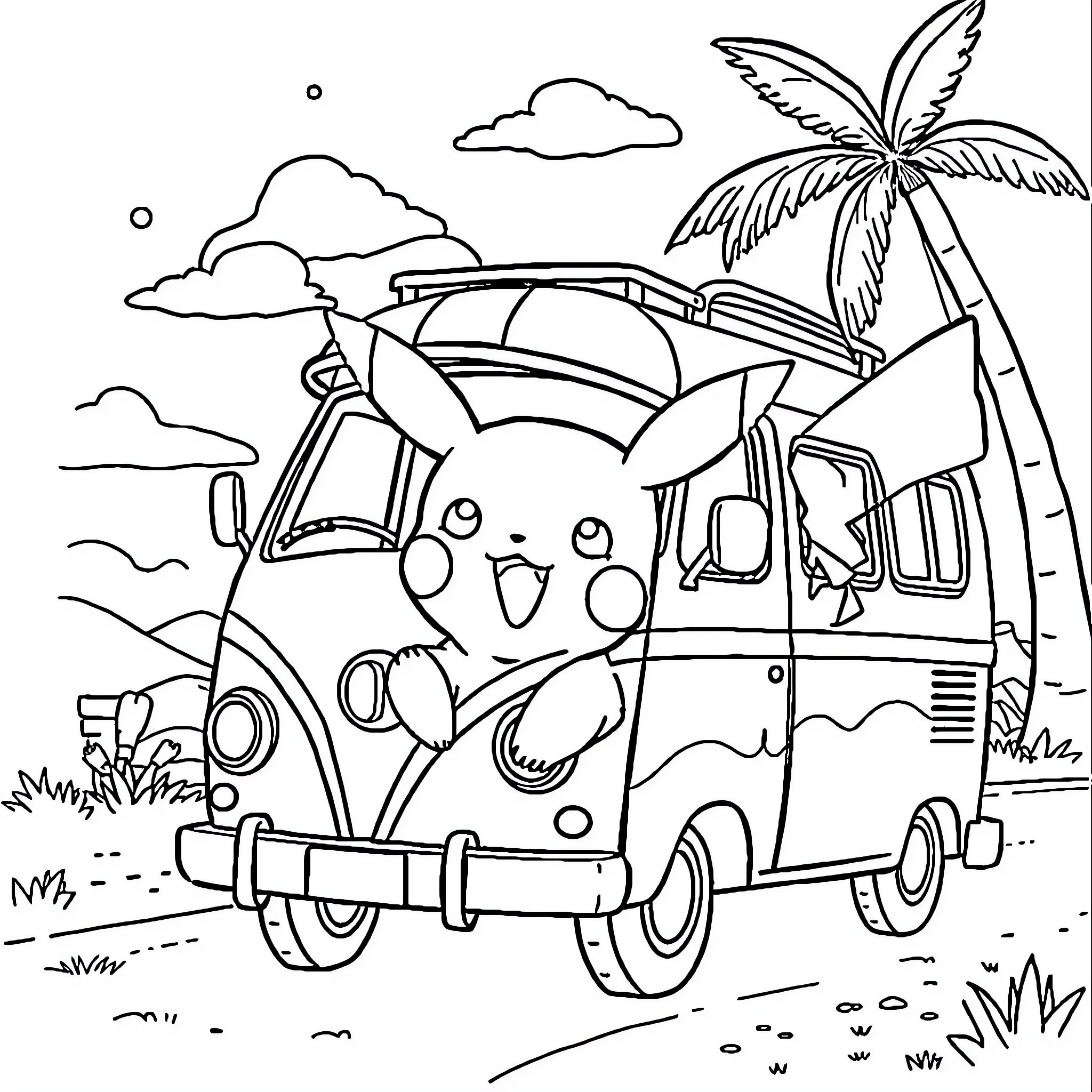 Pikachu's Tropical Road Trip Adventure Coloring Page (free black-and-white line drawing printable PDF for all, from beginners to advanced learners, including children, teens, adults, and seniors)