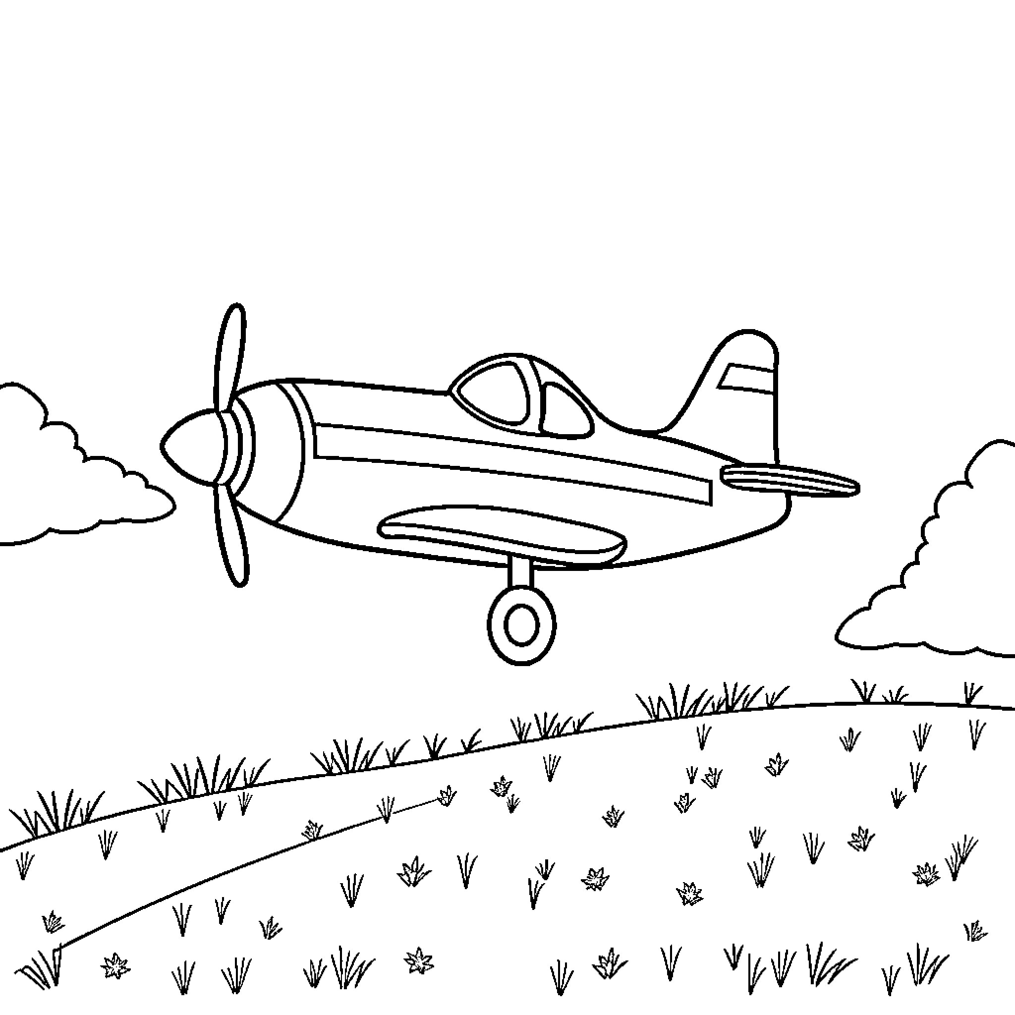 Airplane flying over grassy field Coloring Page (free black-and-white line drawing printable PDF for all, from beginners to advanced learners, including children, teens, adults, and seniors)