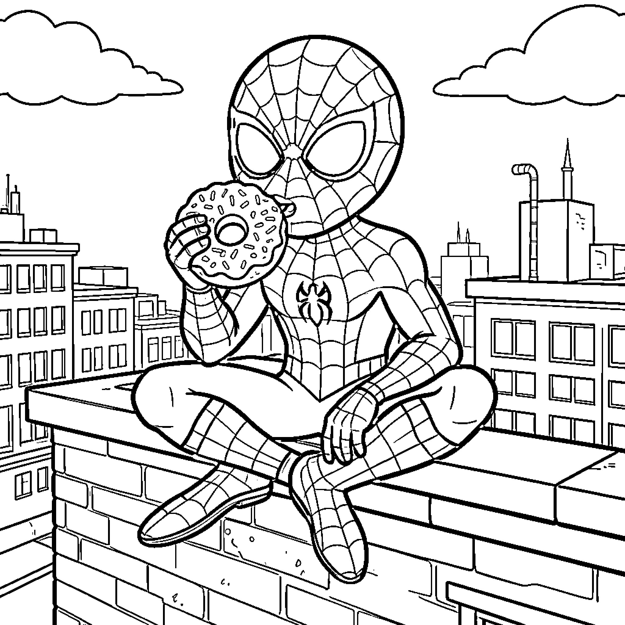 Spidey enjoying a sweet treat in the city Coloring Page (free black-and-white line drawing printable PDF for all, from beginners to advanced learners, including children, teens, adults, and seniors)