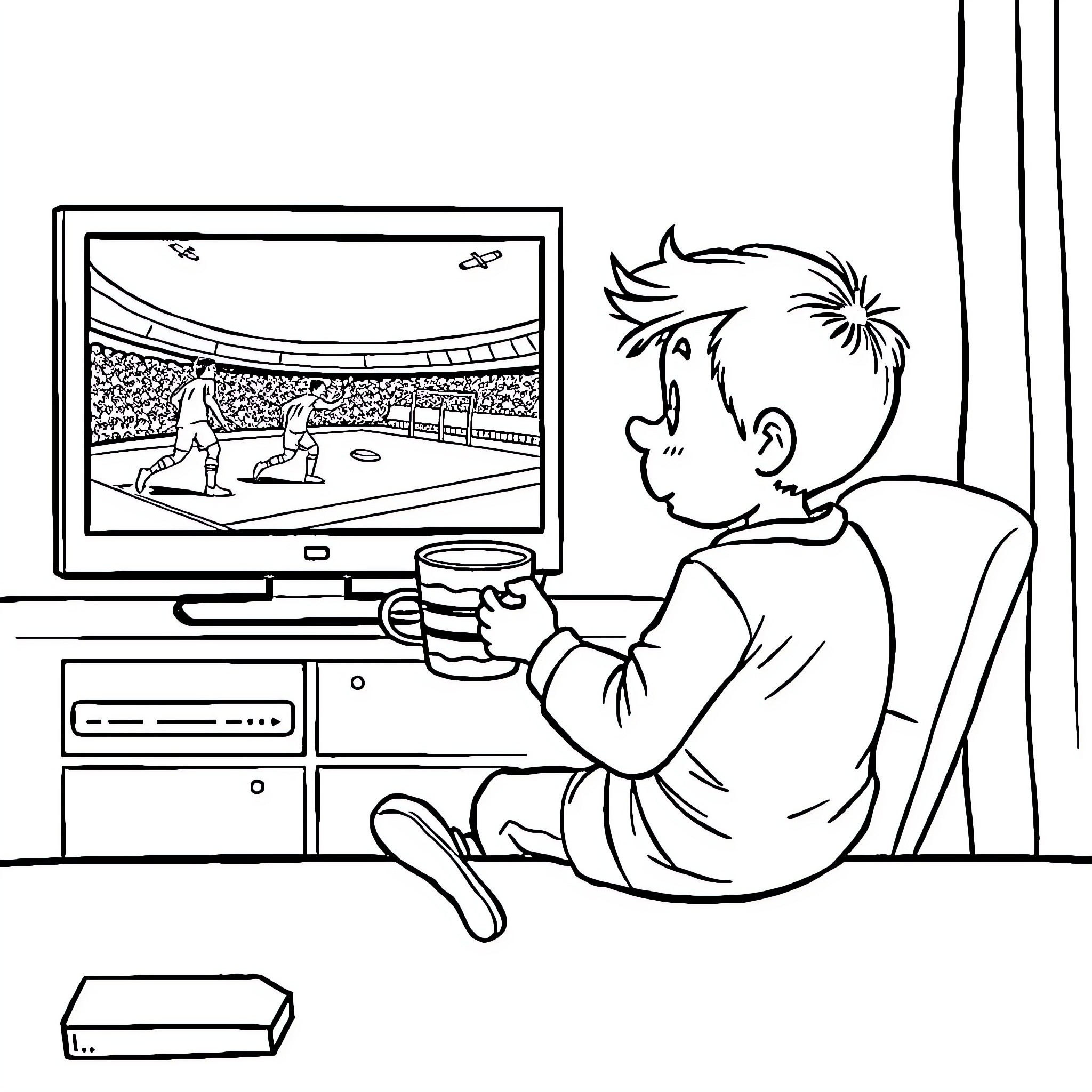 Boy watching sports game on television Coloring Page (free black-and-white line drawing printable PDF for all, from beginners to advanced learners, including children, teens, adults, and seniors)