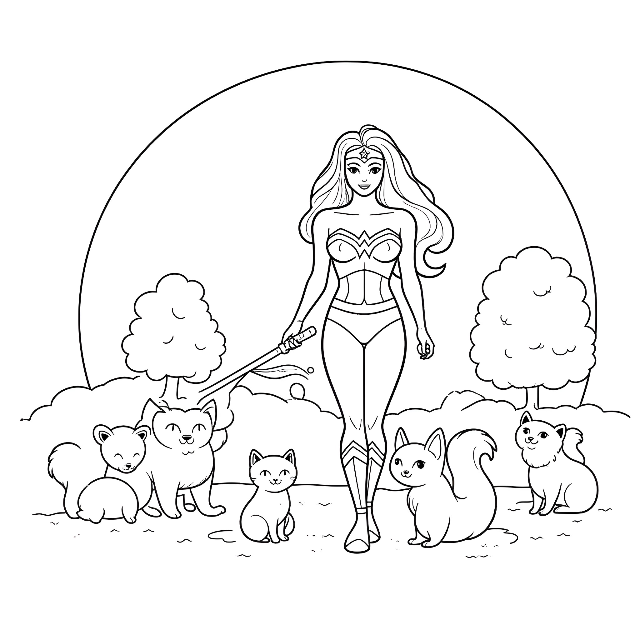 Wonder Woman's Peaceful Encounter with Feline Friends Coloring Page (free black-and-white line drawing printable PDF for all, from beginners to advanced learners, including children, teens, adults, and seniors)