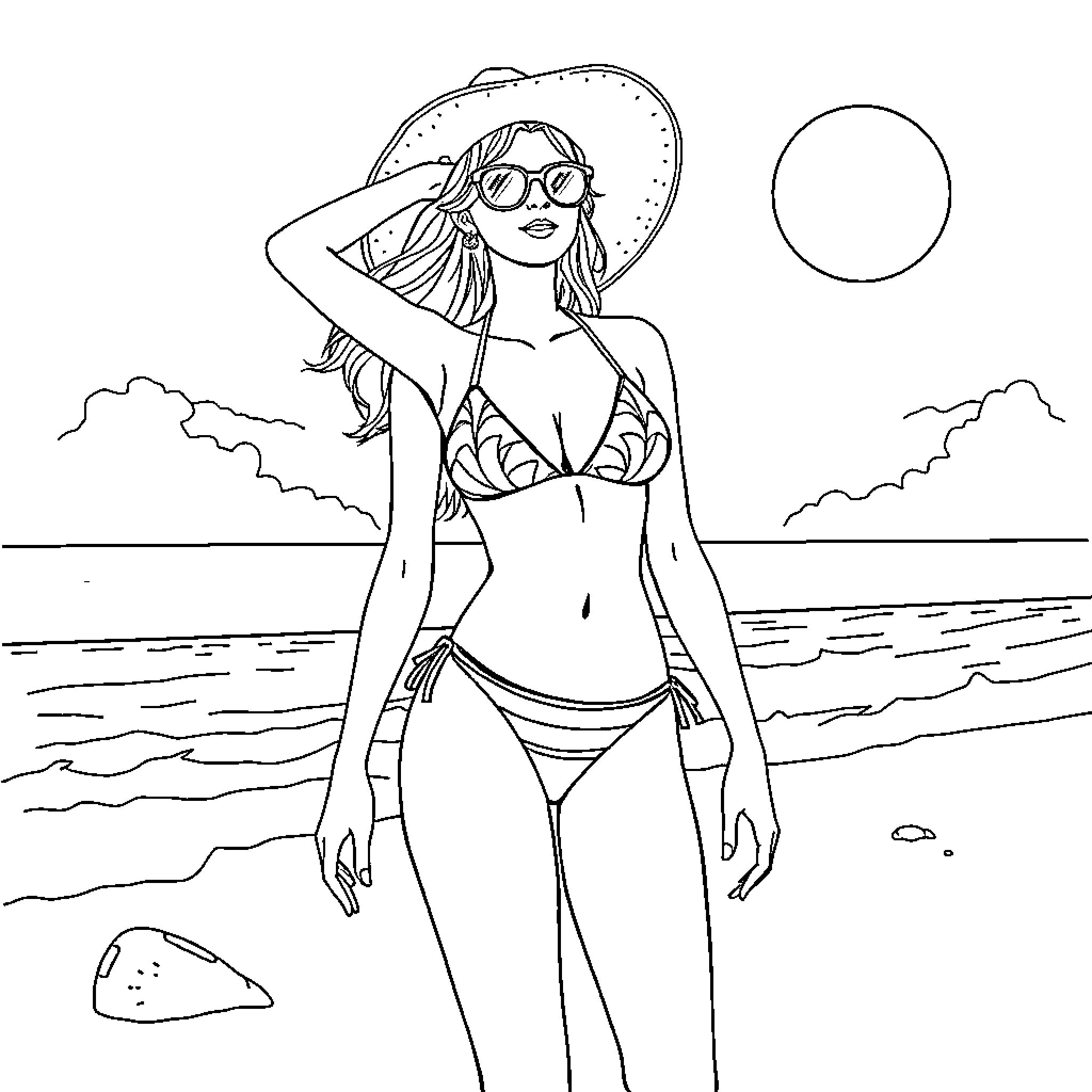 Girl in Swimwear at the Beach Coloring Page (free black-and-white line drawing printable PDF for all, from beginners to advanced learners, including children, teens, adults, and seniors)