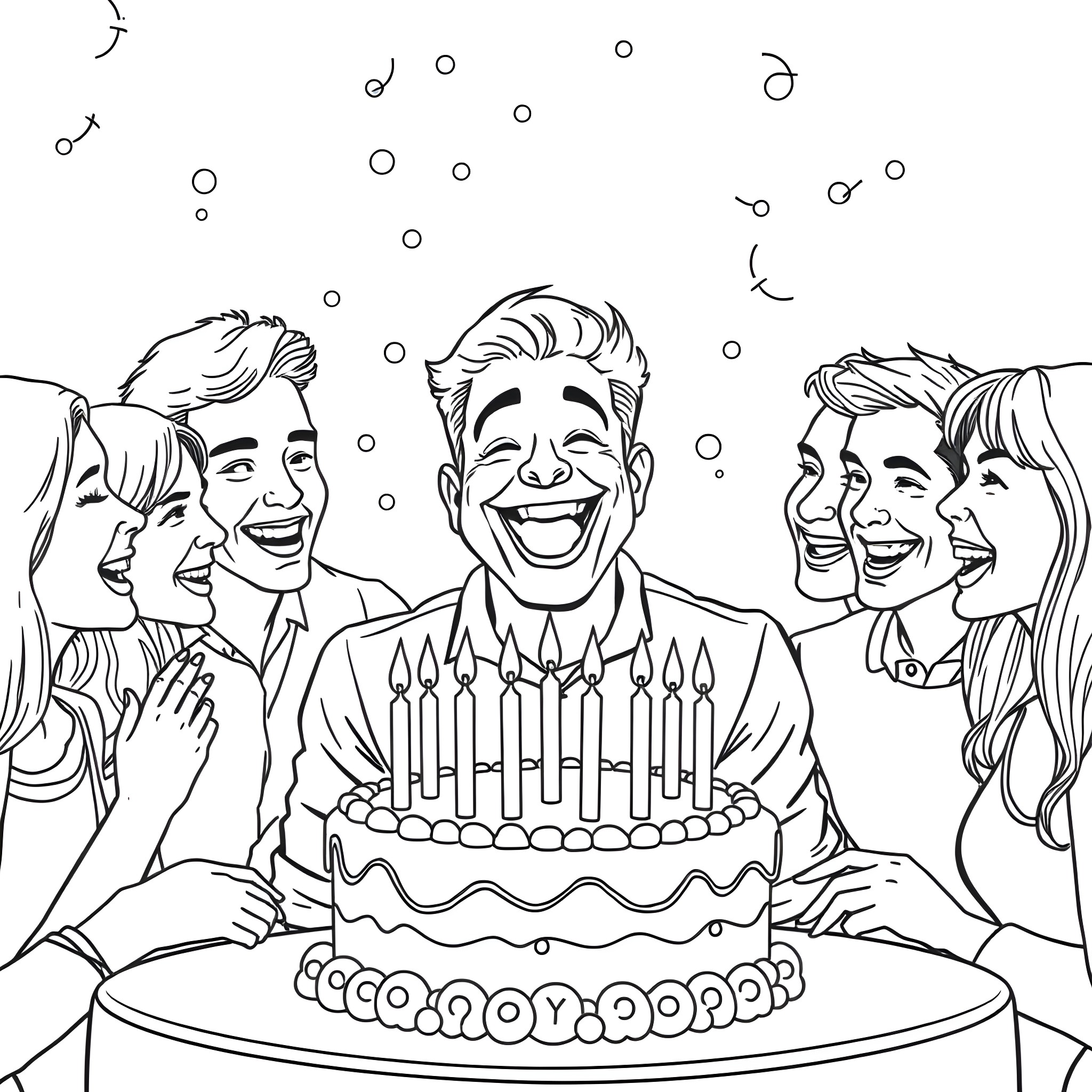 Virgin celebrates birthday with friends Coloring Page (free black-and-white line drawing printable PDF for all, from beginners to advanced learners, including children, teens, adults, and seniors)