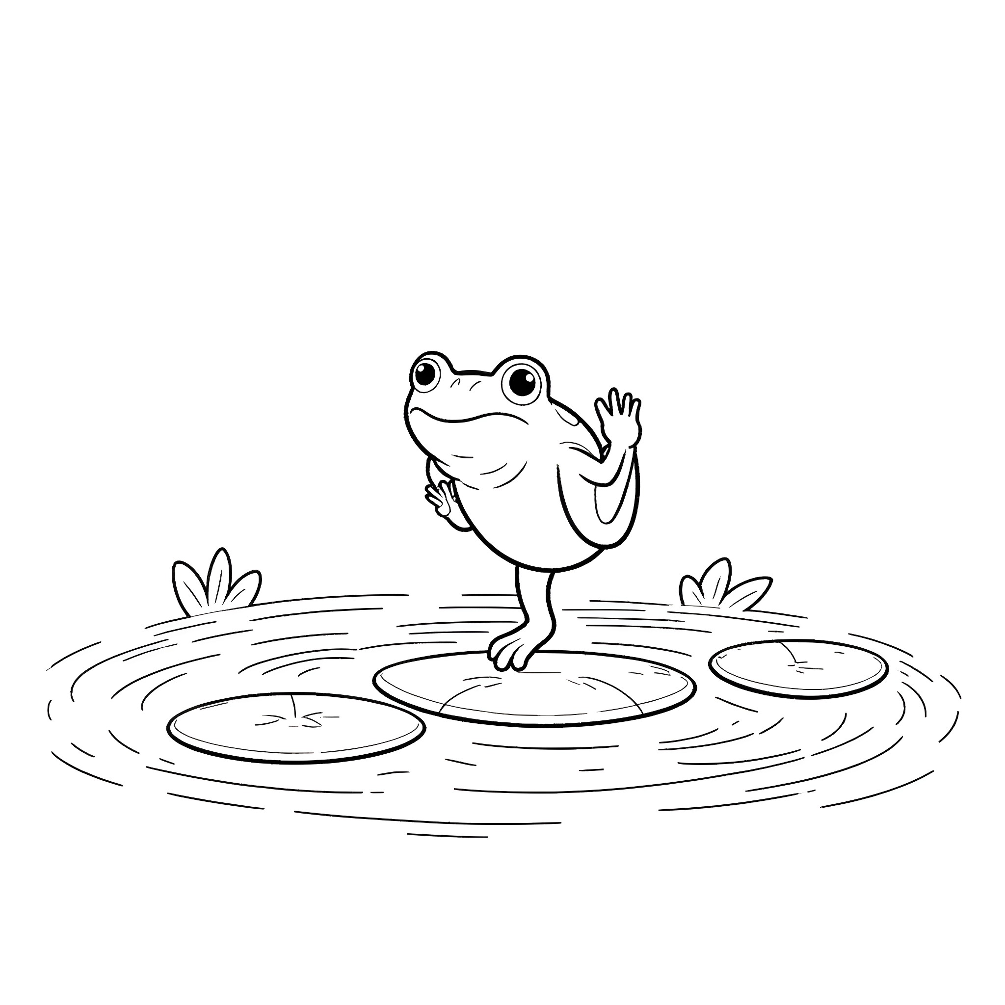 Frog happily waving on lily pads Coloring Page (free black-and-white line drawing printable PDF for all, from beginners to advanced learners, including children, teens, adults, and seniors)