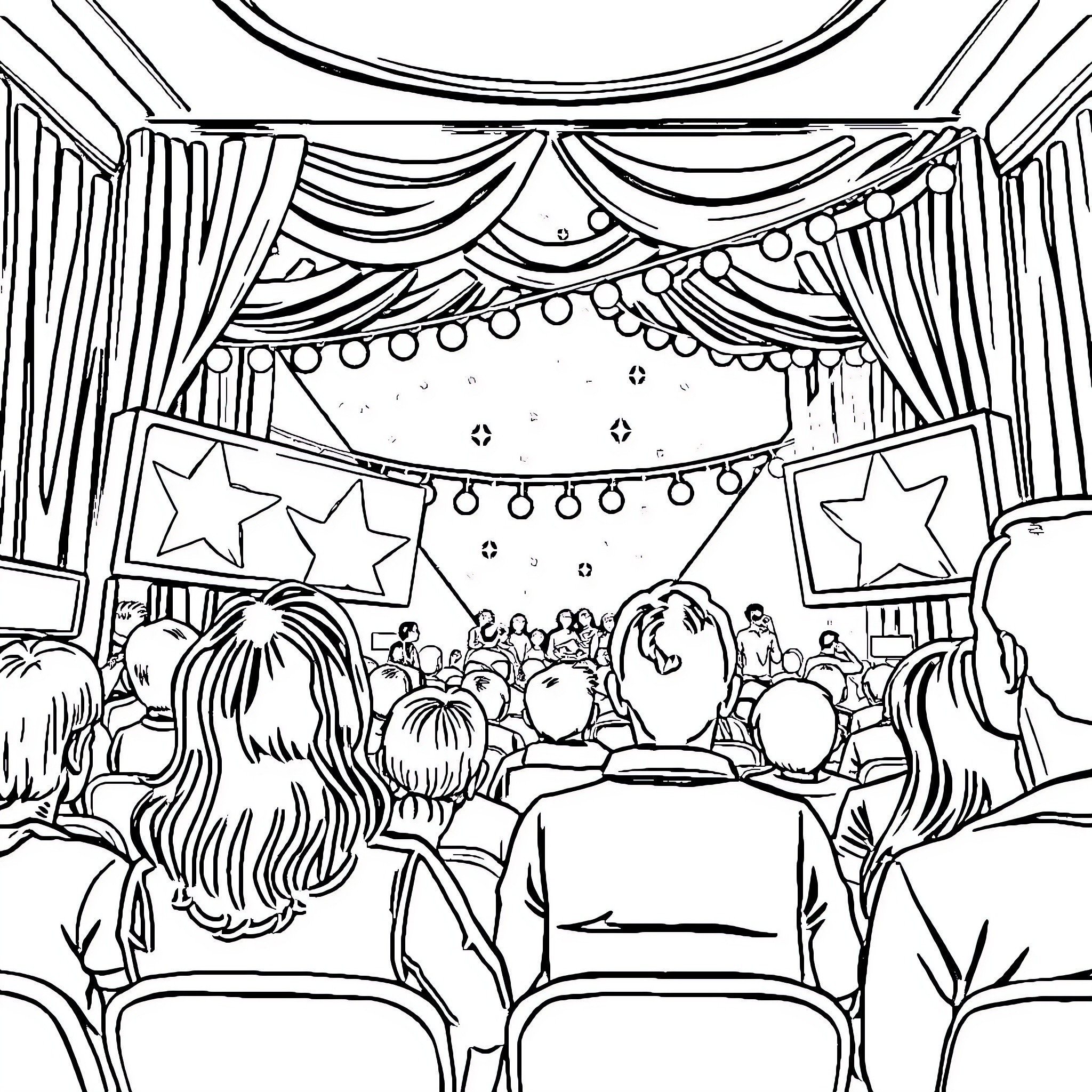 Talkies: Crowd Gathered for Stage Performance Coloring Page (free black-and-white line drawing printable PDF for all, from beginners to advanced learners, including children, teens, adults, and seniors)