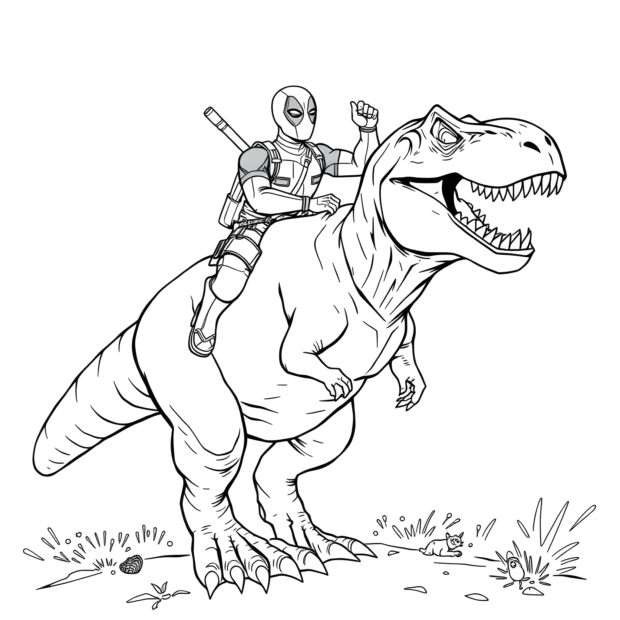 Deadpool riding a Dinosaur with Guns Coloring Page (free black-and-white line drawing printable PDF for all, from beginners to advanced learners, including children, teens, adults, and seniors)
