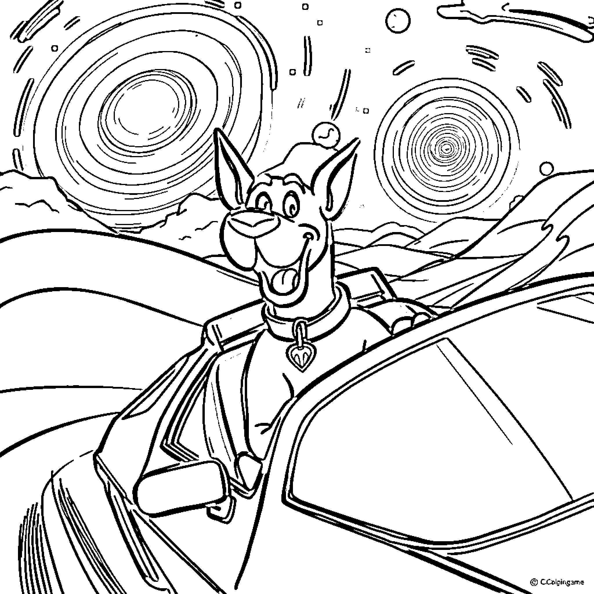 Scooby Doo's Cosmic Adventure Coloring Page (free black-and-white line drawing printable PDF for all, from beginners to advanced learners, including children, teens, adults, and seniors)