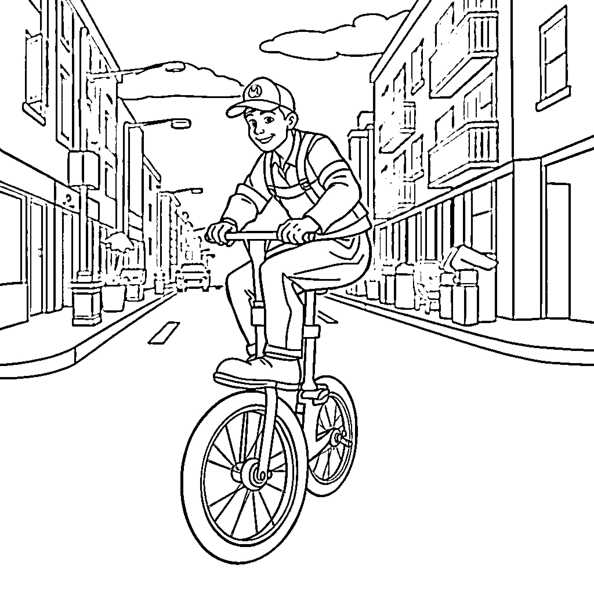 Plumber riding bicycle through city street Coloring Page (free black-and-white line drawing printable PDF for all, from beginners to advanced learners, including children, teens, adults, and seniors)
