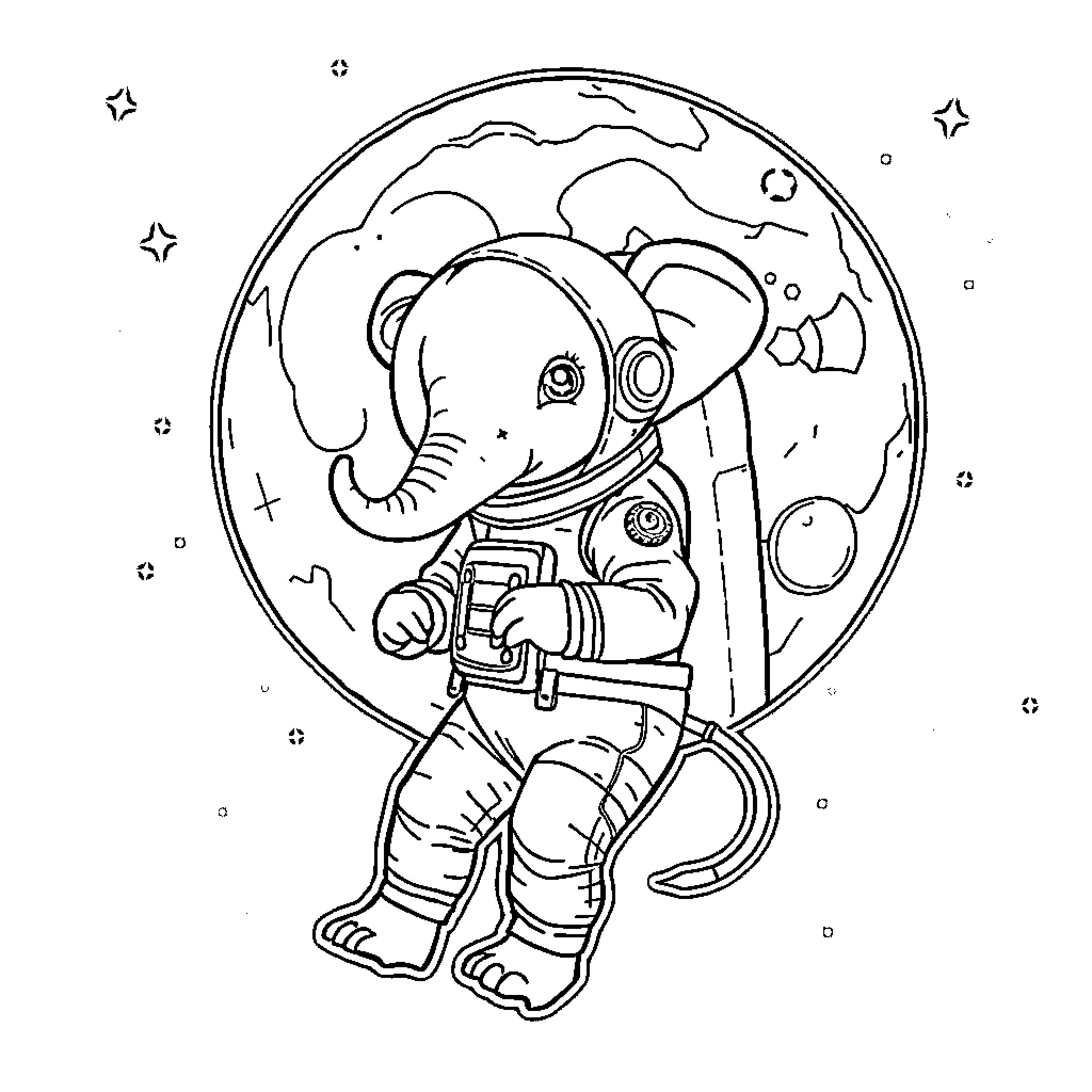 Elephant astronaut exploring the cosmos Coloring Page (free black-and-white line drawing printable PDF for all, from beginners to advanced learners, including children, teens, adults, and seniors)