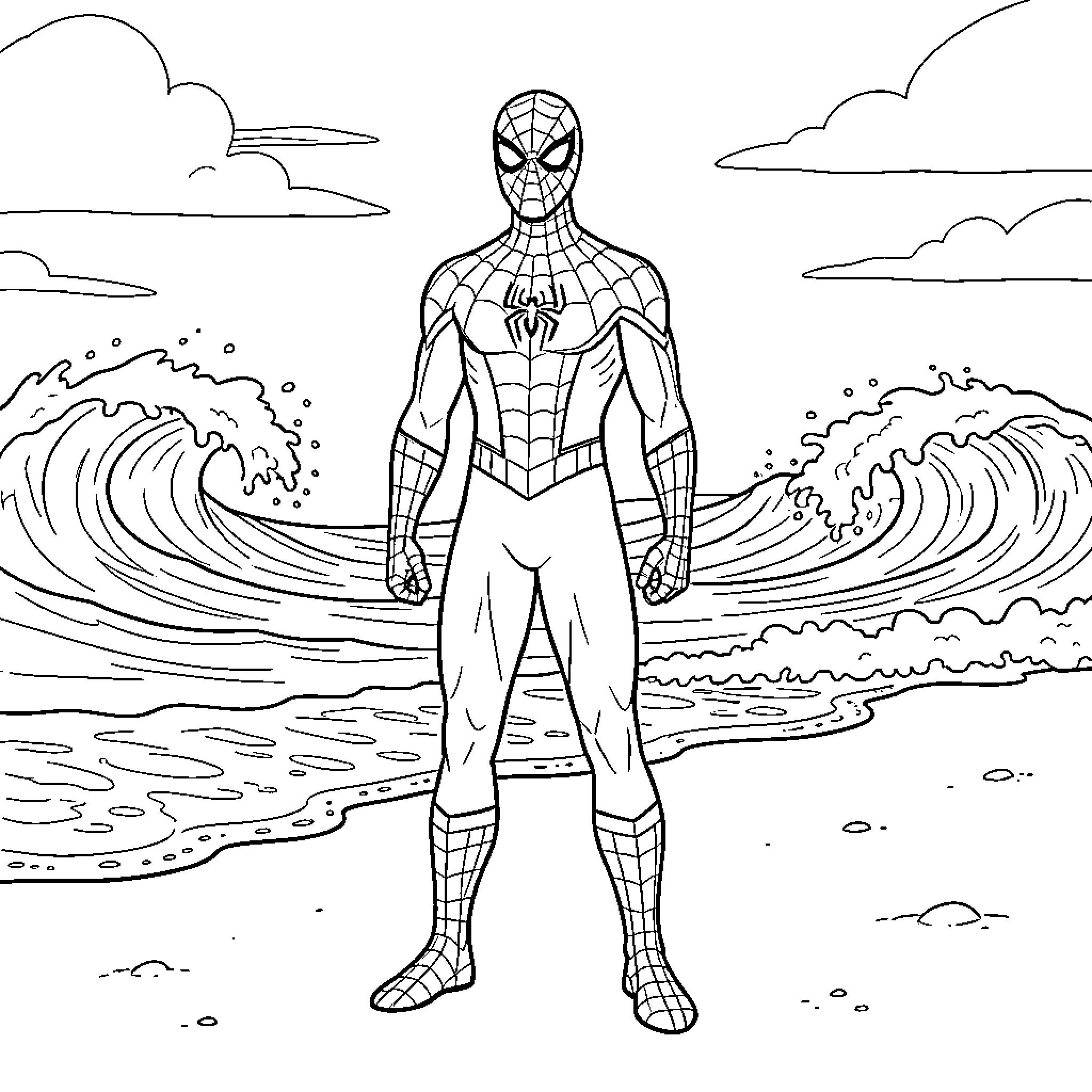 Spiderman standing heroically on a sandy beach Coloring Page (free black-and-white line drawing printable PDF for all, from beginners to advanced learners, including children, teens, adults, and seniors)