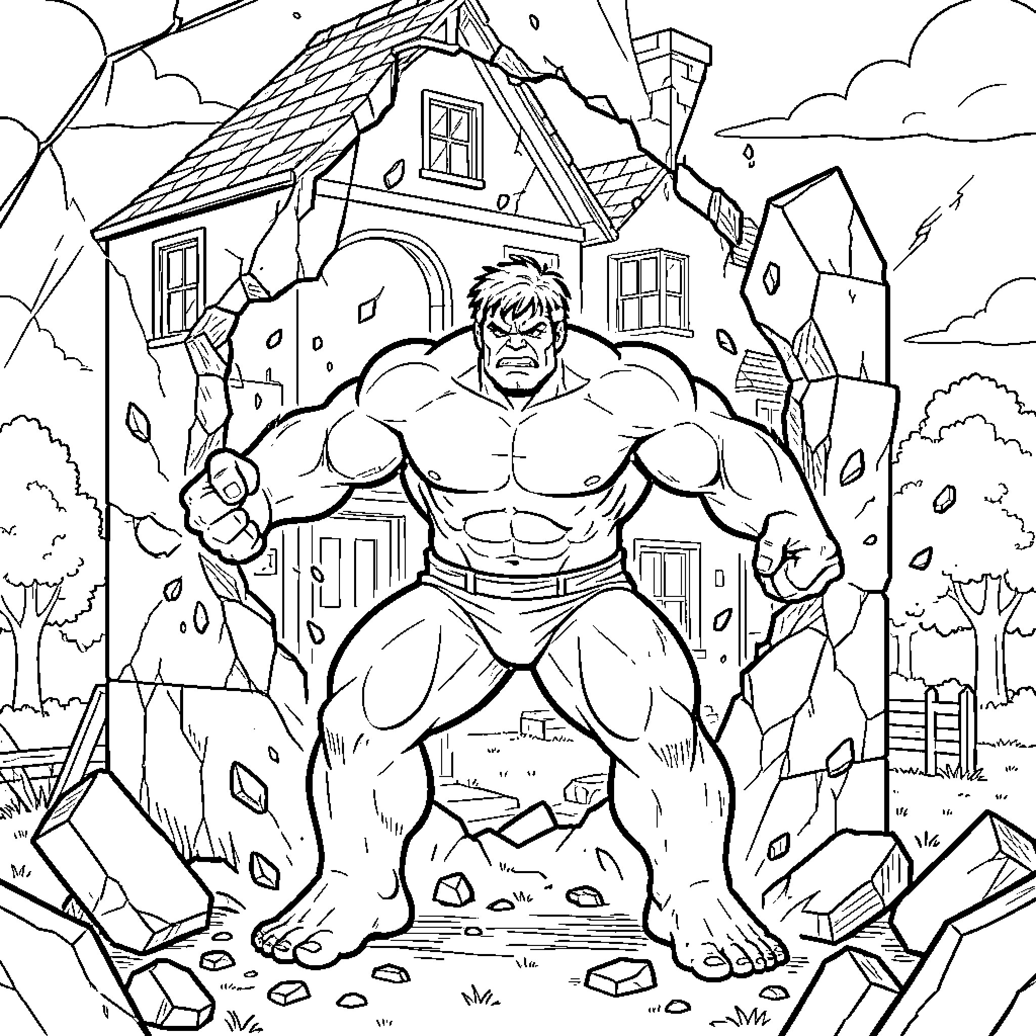 Hulk smashing through a house with an angry expression Coloring Page (free black-and-white line drawing printable PDF for all, from beginners to advanced learners, including children, teens, adults, and seniors)