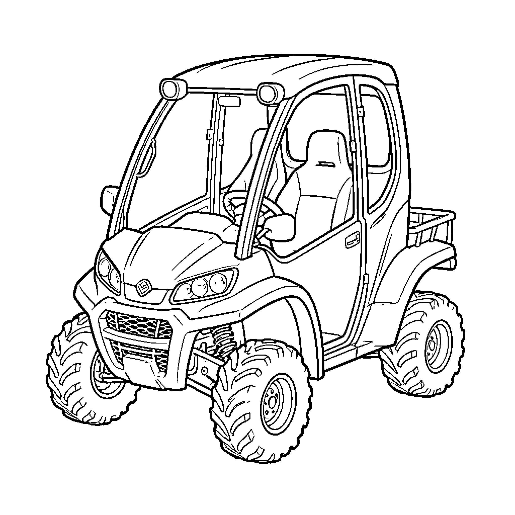 ATV with sturdy tires and enclosed cabin Coloring Page (free black-and-white line drawing printable PDF for all, from beginners to advanced learners, including children, teens, adults, and seniors)