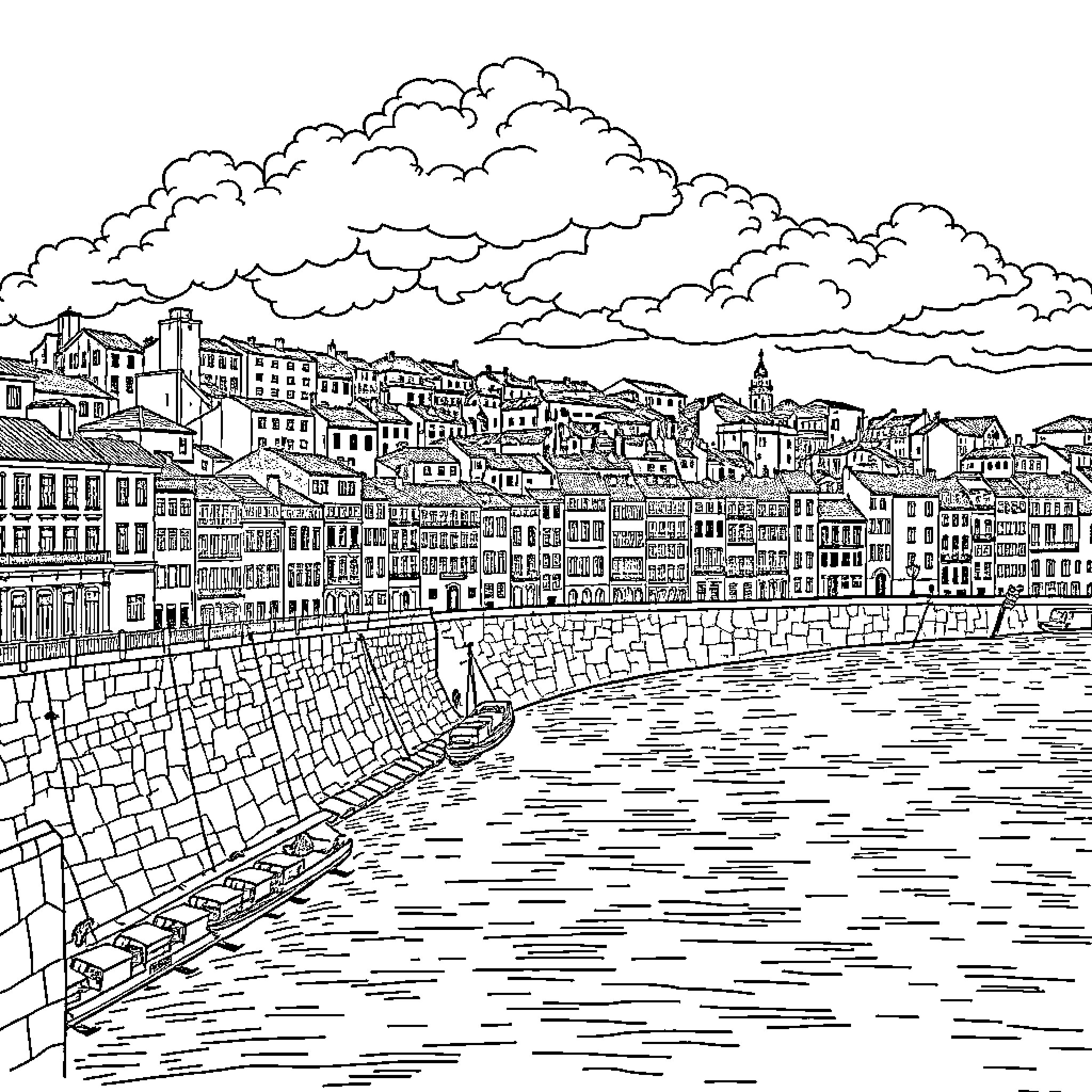 Porto urban landscape with river and boats Coloring Page (free black-and-white line drawing printable PDF for all, from beginners to advanced learners, including children, teens, adults, and seniors)