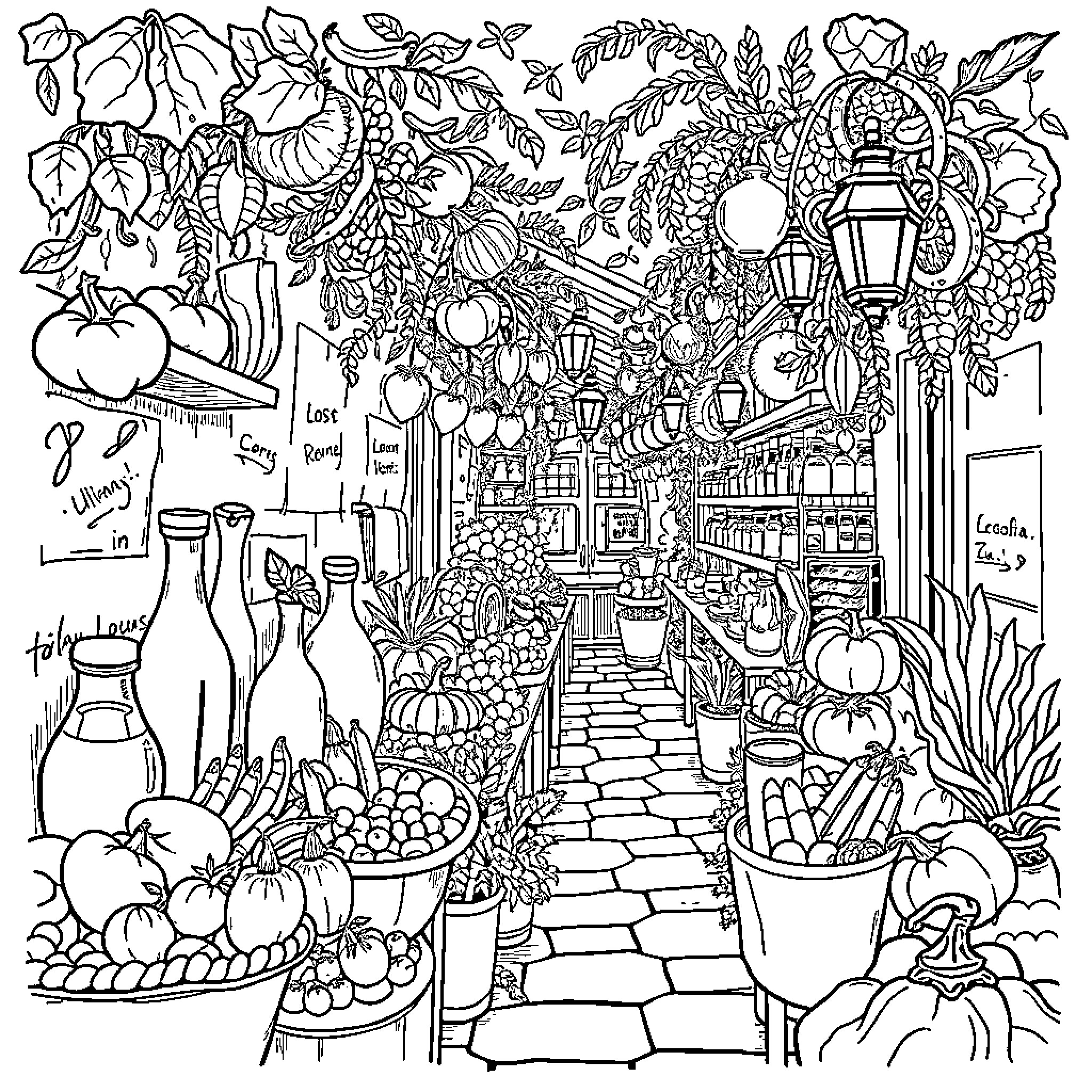 Brainrot: Whimsical Marketplace Wonderland Coloring Page (free black-and-white line drawing printable PDF for all, from beginners to advanced learners, including children, teens, adults, and seniors)