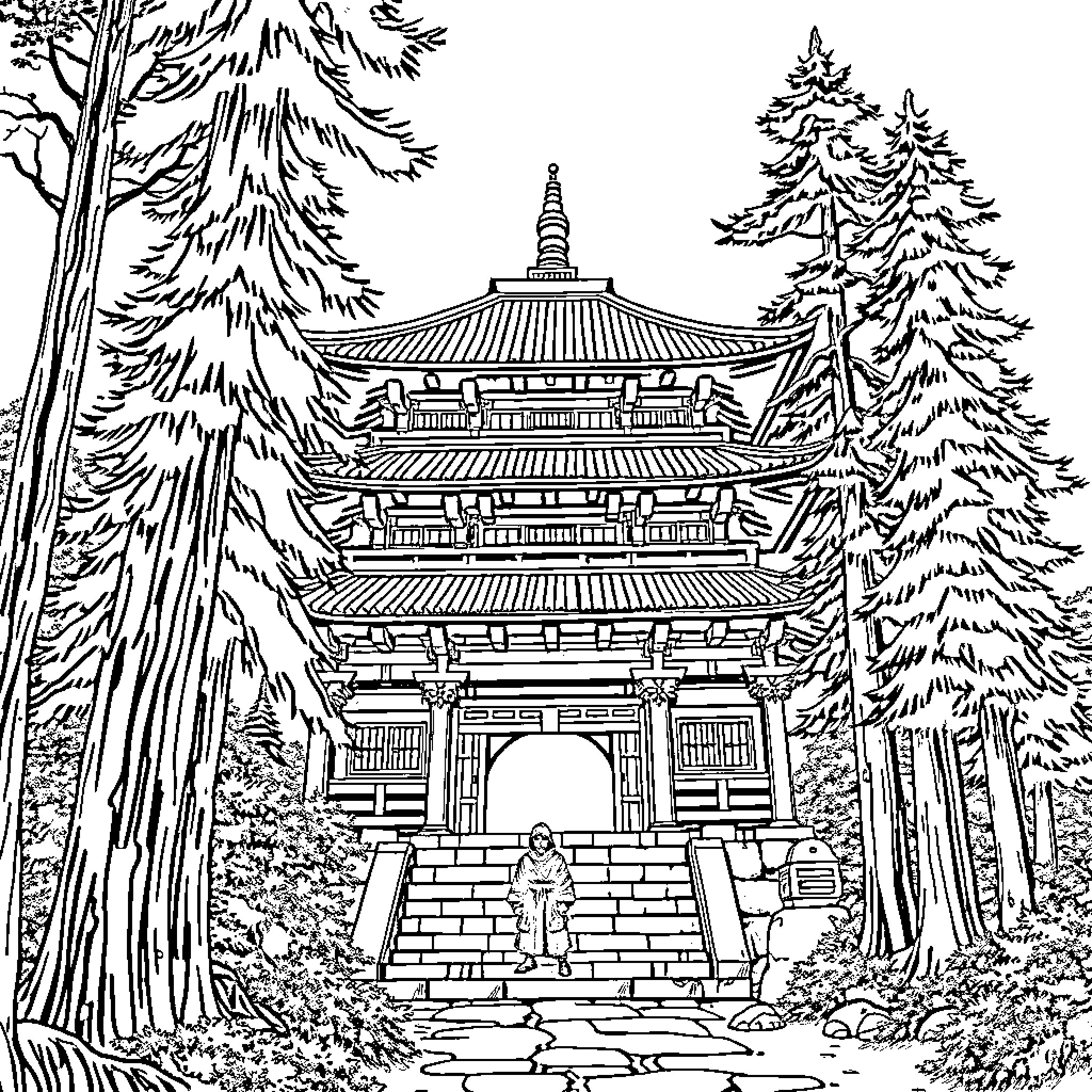 Ninja exploring mysterious Japanese temple in tranquil forest Coloring Page (free black-and-white line drawing printable PDF for all, from beginners to advanced learners, including children, teens, adults, and seniors)