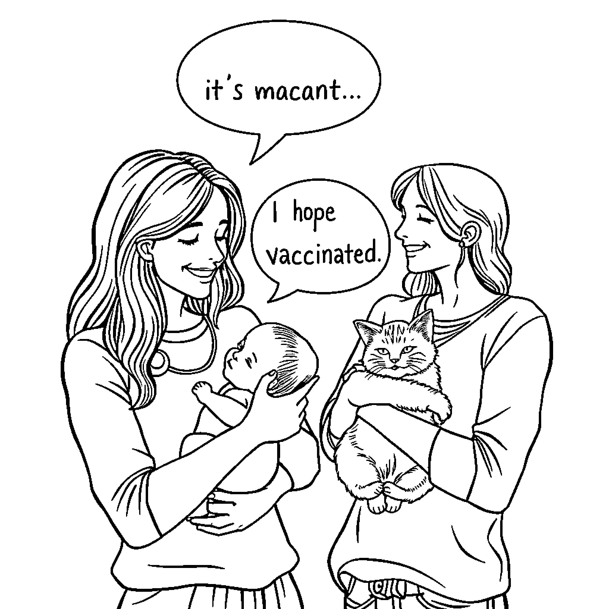 Woman discusses vaccine hope with another woman and child Coloring Page (free black-and-white line drawing printable PDF for all, from beginners to advanced learners, including children, teens, adults, and seniors)